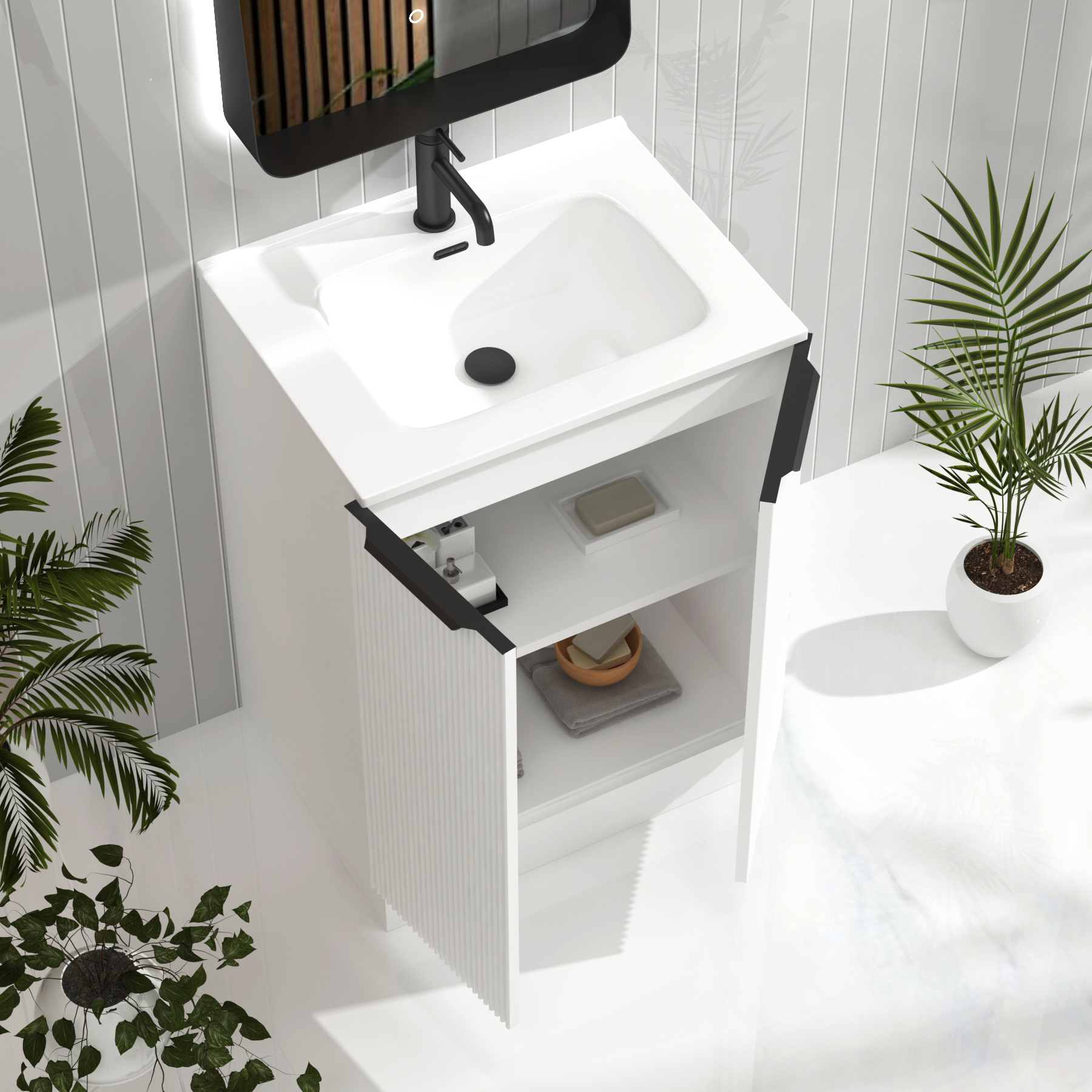 Evora Matt White Fluted Floor Standing Vanity Unit 2 Door with Optional Basin & Various Handles