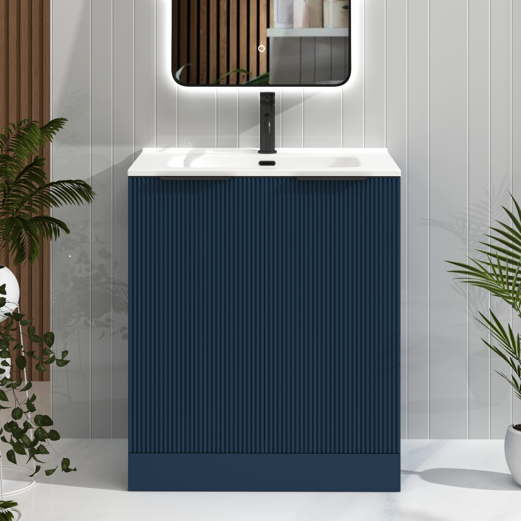 Evora Midnight Blue Fluted Floor Standing Vanity Unit 2 Door with Optional Basin & Various Handles