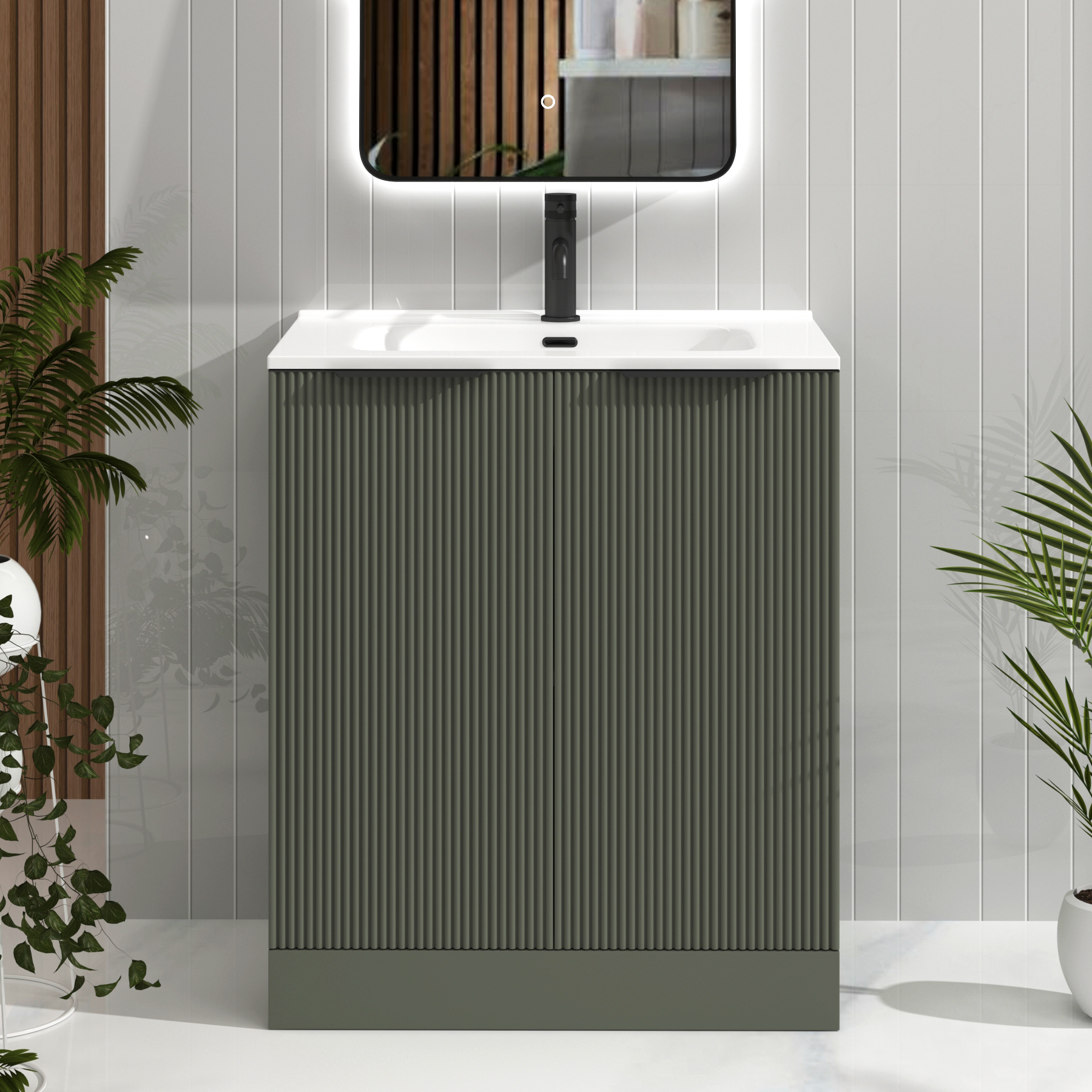 Evora Sage Green Fluted Floor Standing Vanity Unit 2 Door with Optional Basin & Various Handles