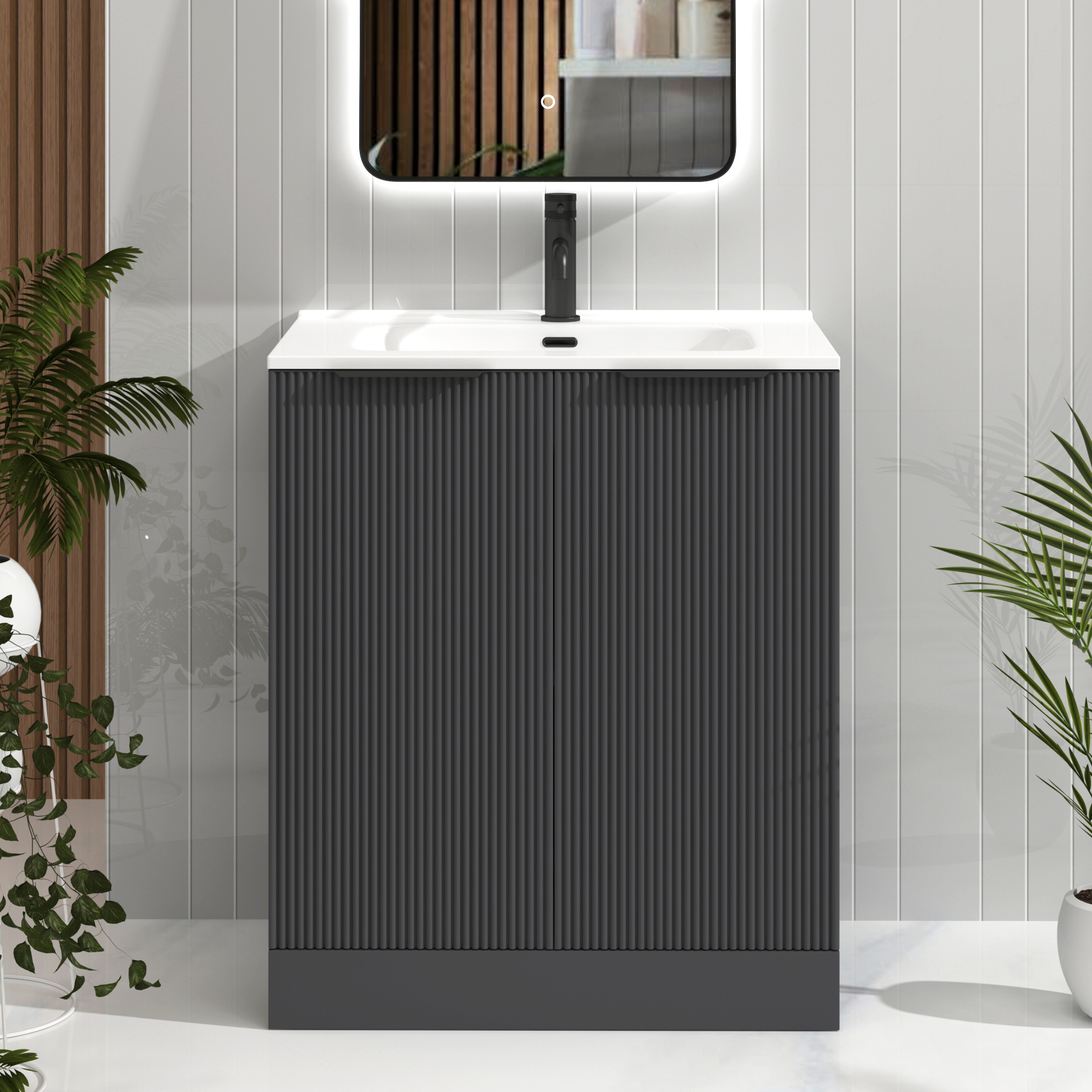 Evora Graphite Grey Fluted Floor Standing Vanity Unit 2 Door with Optional Basin & Various Handles