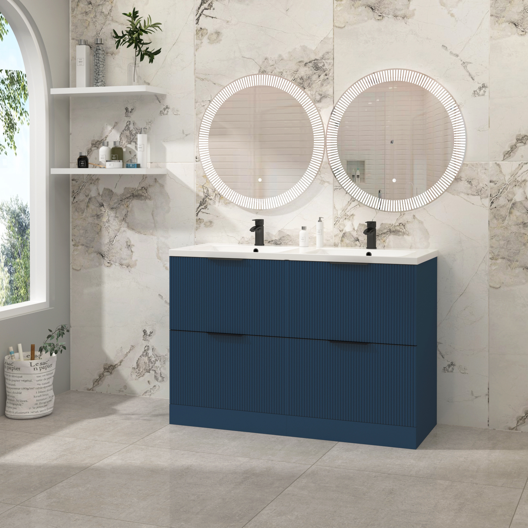 Evora 1200mm Midnight Blue Fluted Floor Standing Vanity Unit 4 Drawer with Ceramic Basin & Various Handles