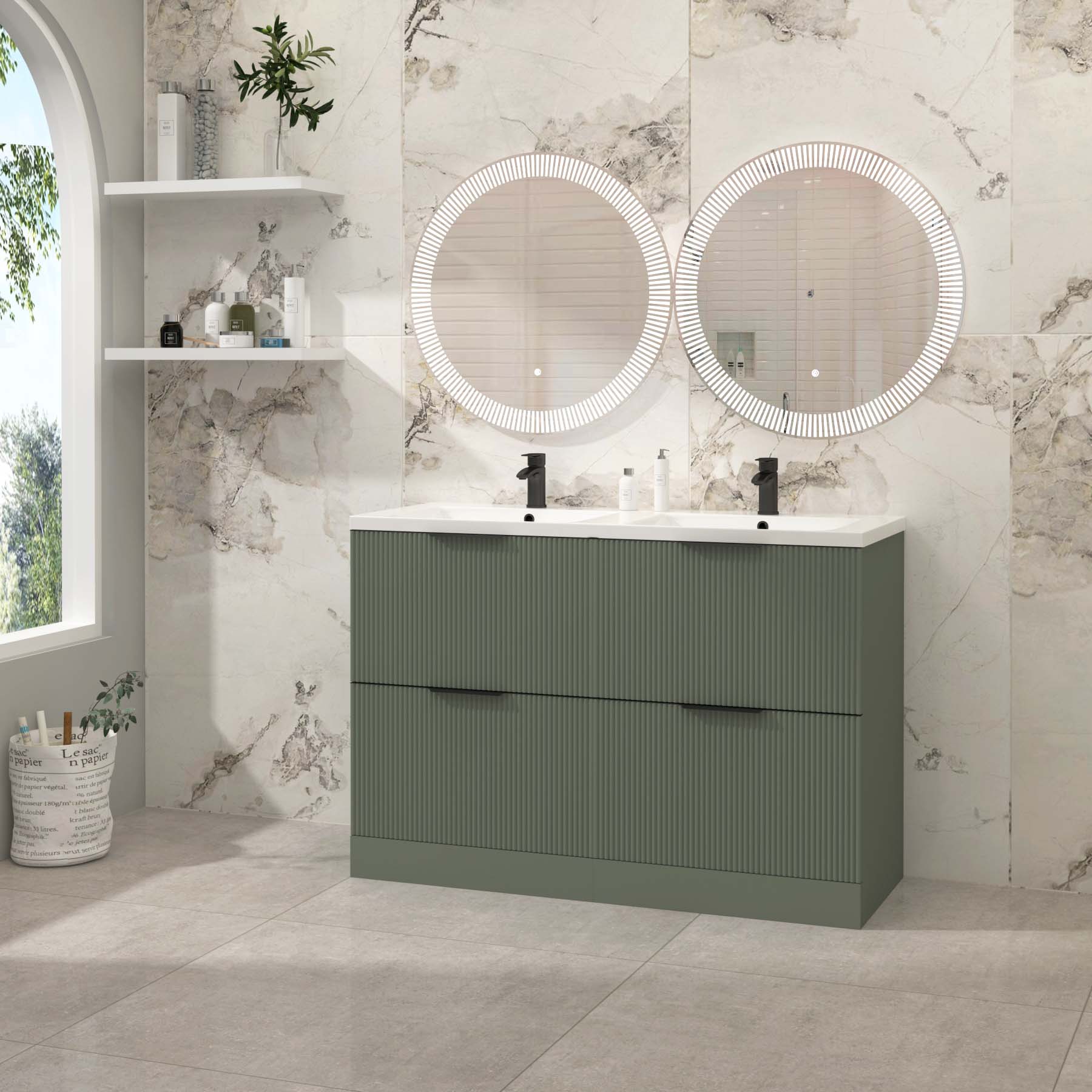 Evora 1200mm Sage Green Fluted Floor Standing Vanity Unit 4 Drawer with Ceramic Basin & Various Handles