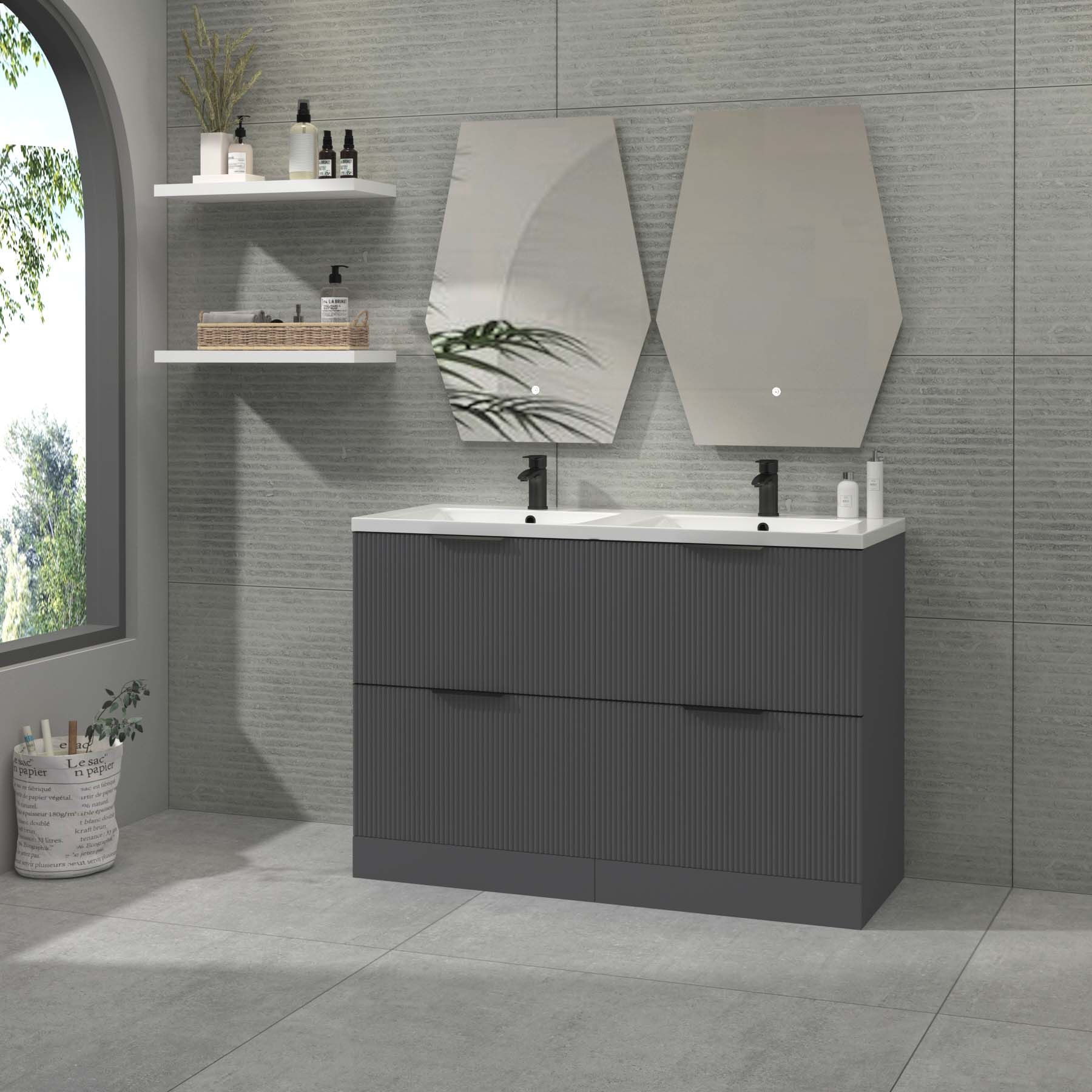 Evora 1200mm Graphite Grey Fluted Floor Standing Vanity Unit 4 Drawer with Ceramic Basin & Various Handles