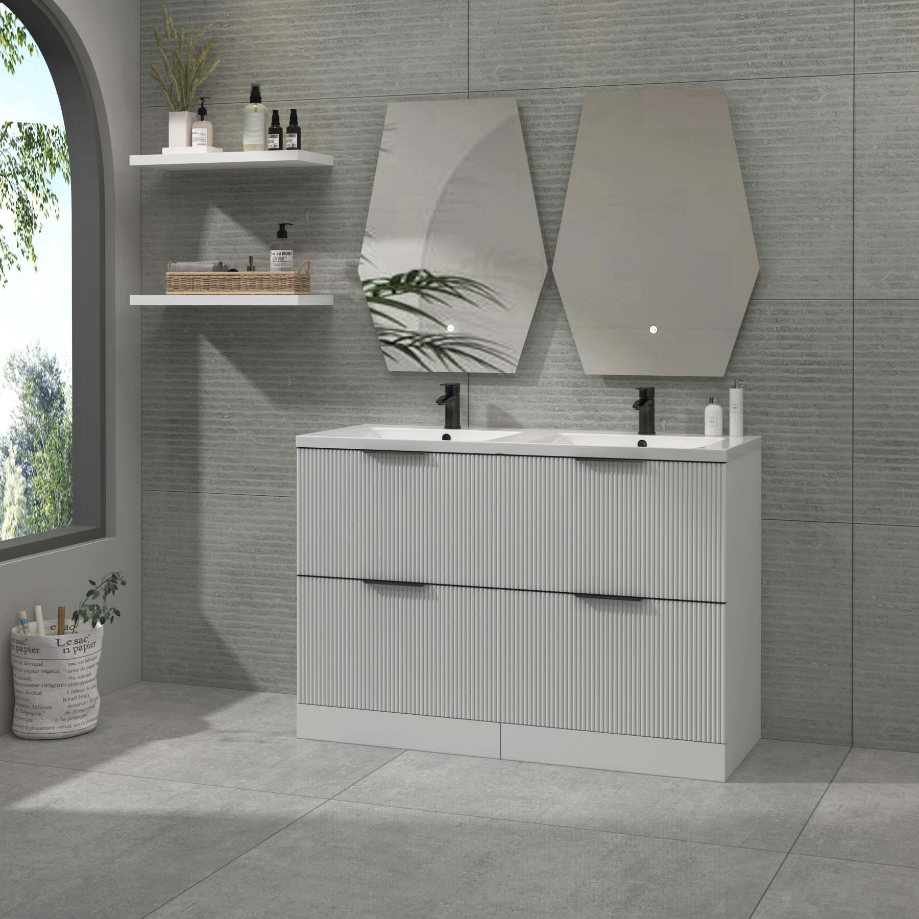 Evora 1200mm Matt White Fluted Floor Standing Vanity Unit 4 Drawer with Ceramic Basin & Various Handles
