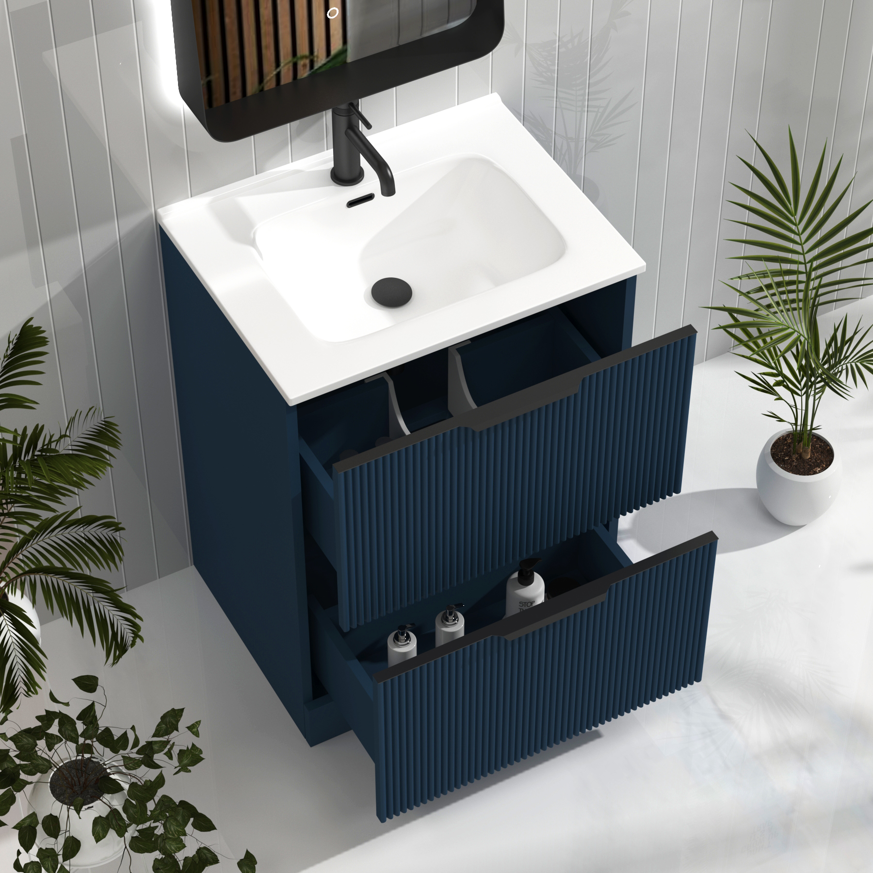 Evora Midnight Blue Fluted Floor Standing Vanity Unit 2 Drawer with Optional Basin & Various Handles