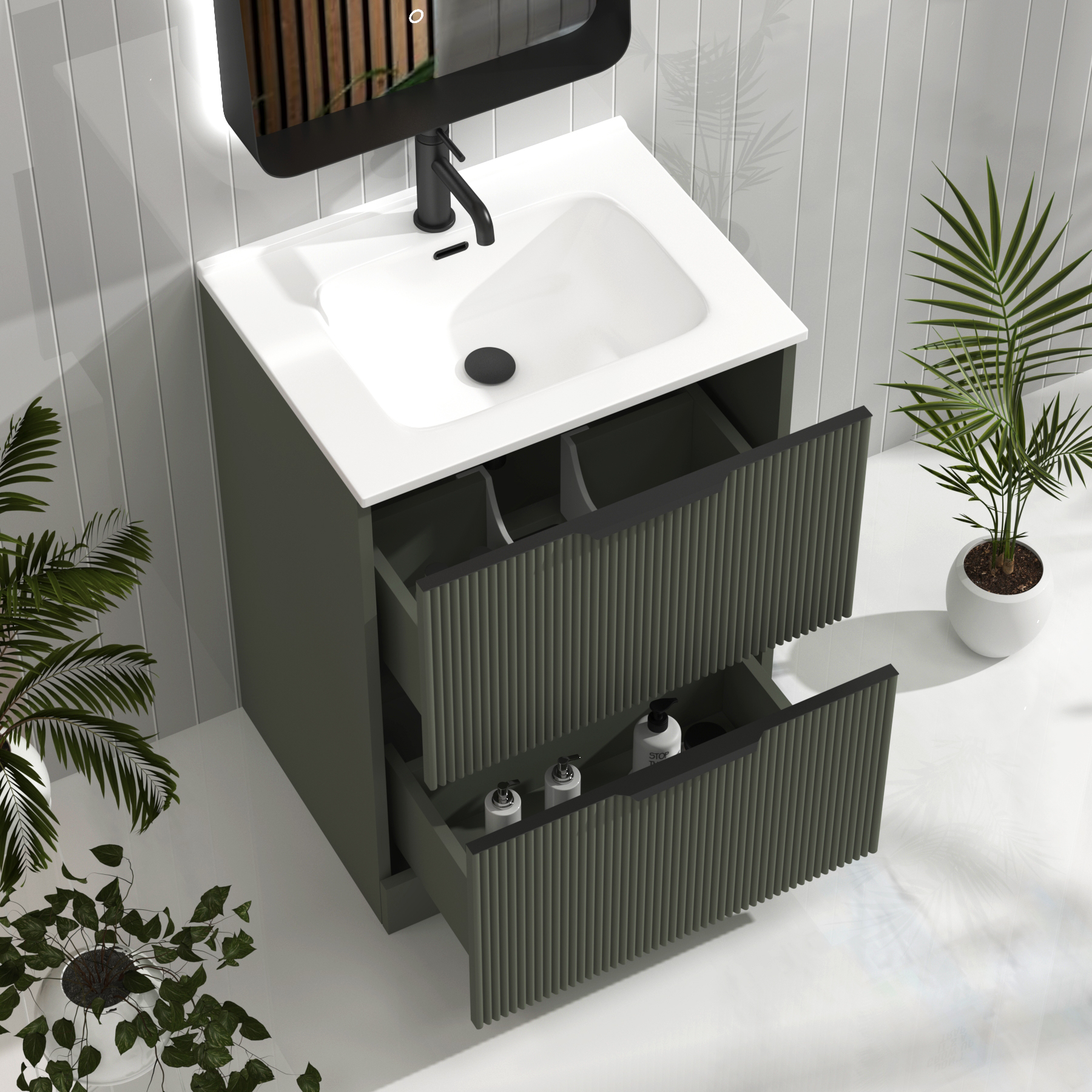Evora Sage Green Fluted Floor Standing Vanity Unit 2 Drawer with Optional Basin & Various Handles