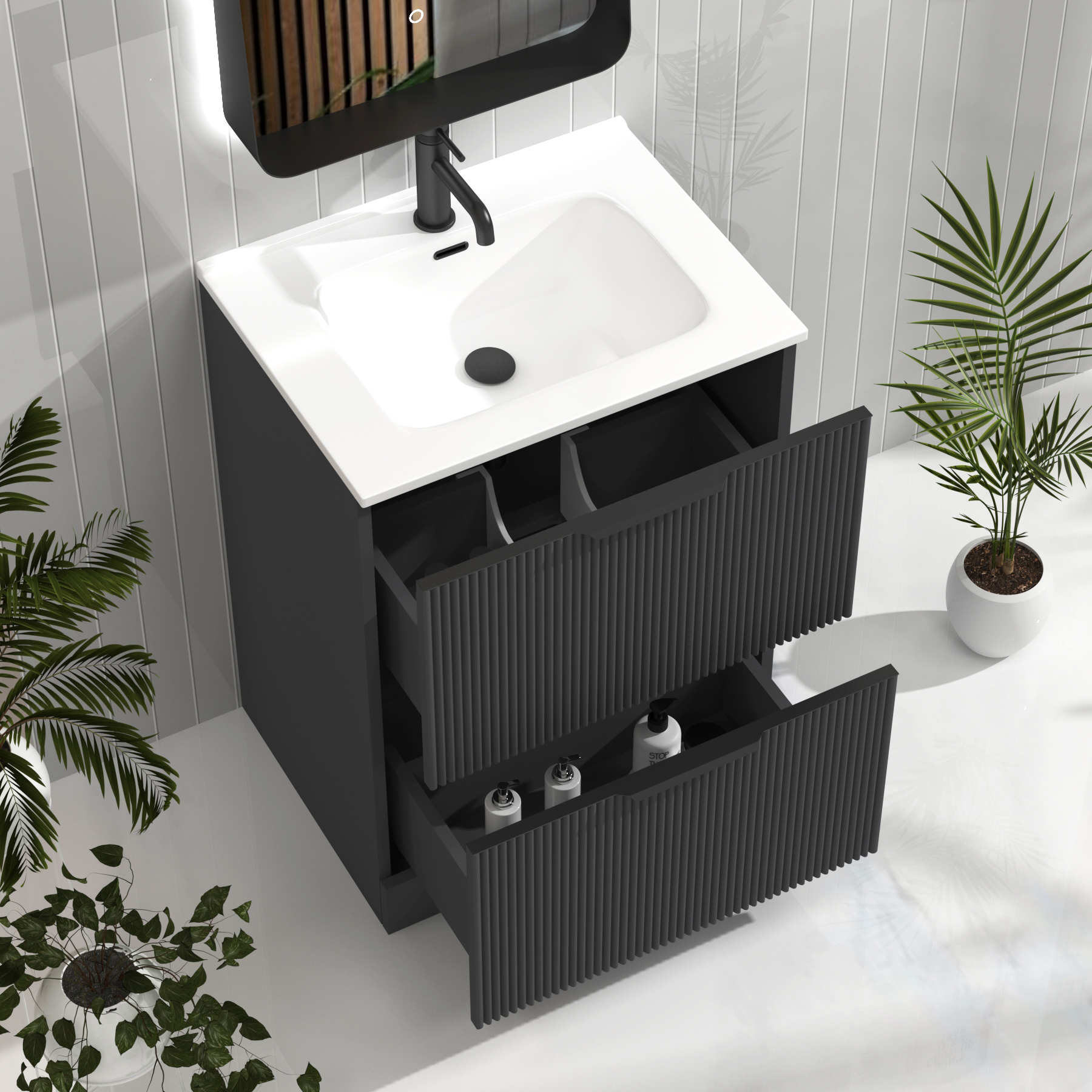 Evora Graphite Grey Fluted Floor Standing Vanity Unit 2 Drawer with Optional Basin & Various Handles