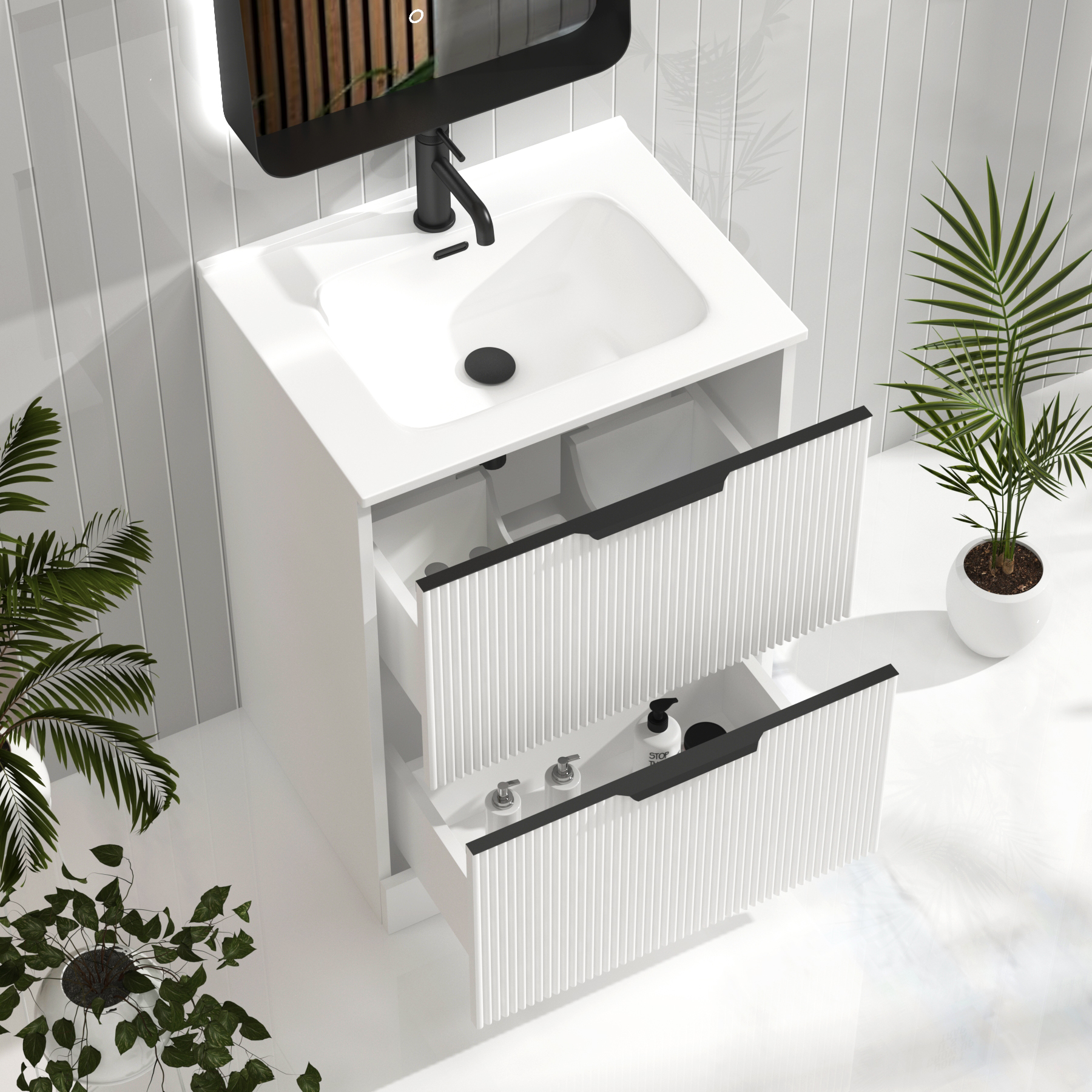 Evora Matt White Fluted Floor Standing Vanity Unit 2 Drawer with Optional Basin & Various Handles