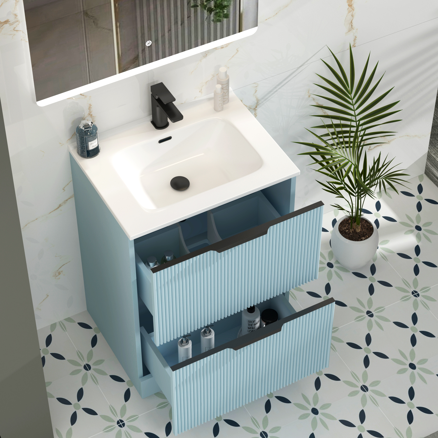 Evora 700mm Powder Blue Fluted Floor Standing Vanity Unit 2 Drawer with Ceramic Basin & Matt Black Handles