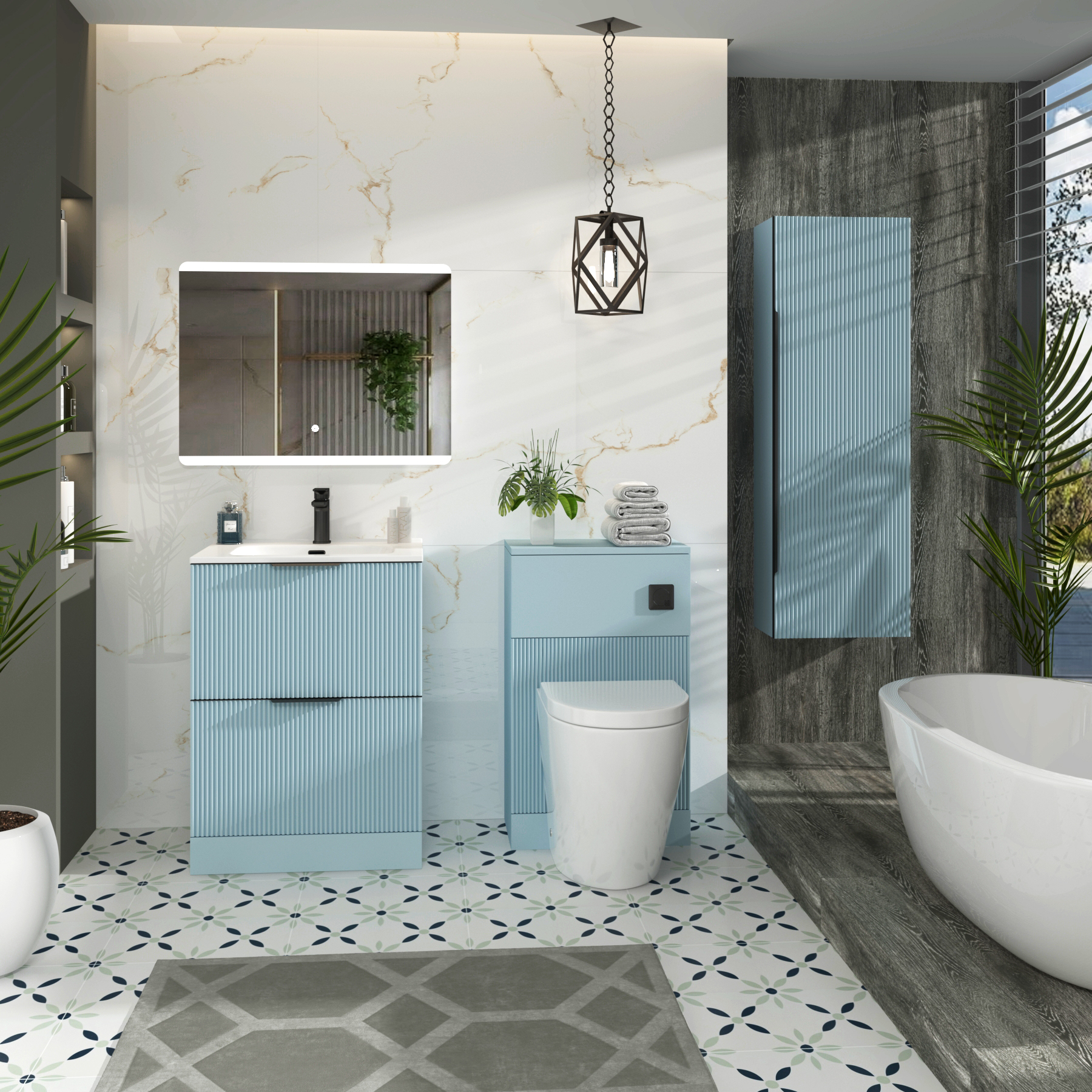 Evora 700mm Powder Blue Fluted Floor Standing Vanity Unit 2 Drawer with Ceramic Basin & Matt Black Handles