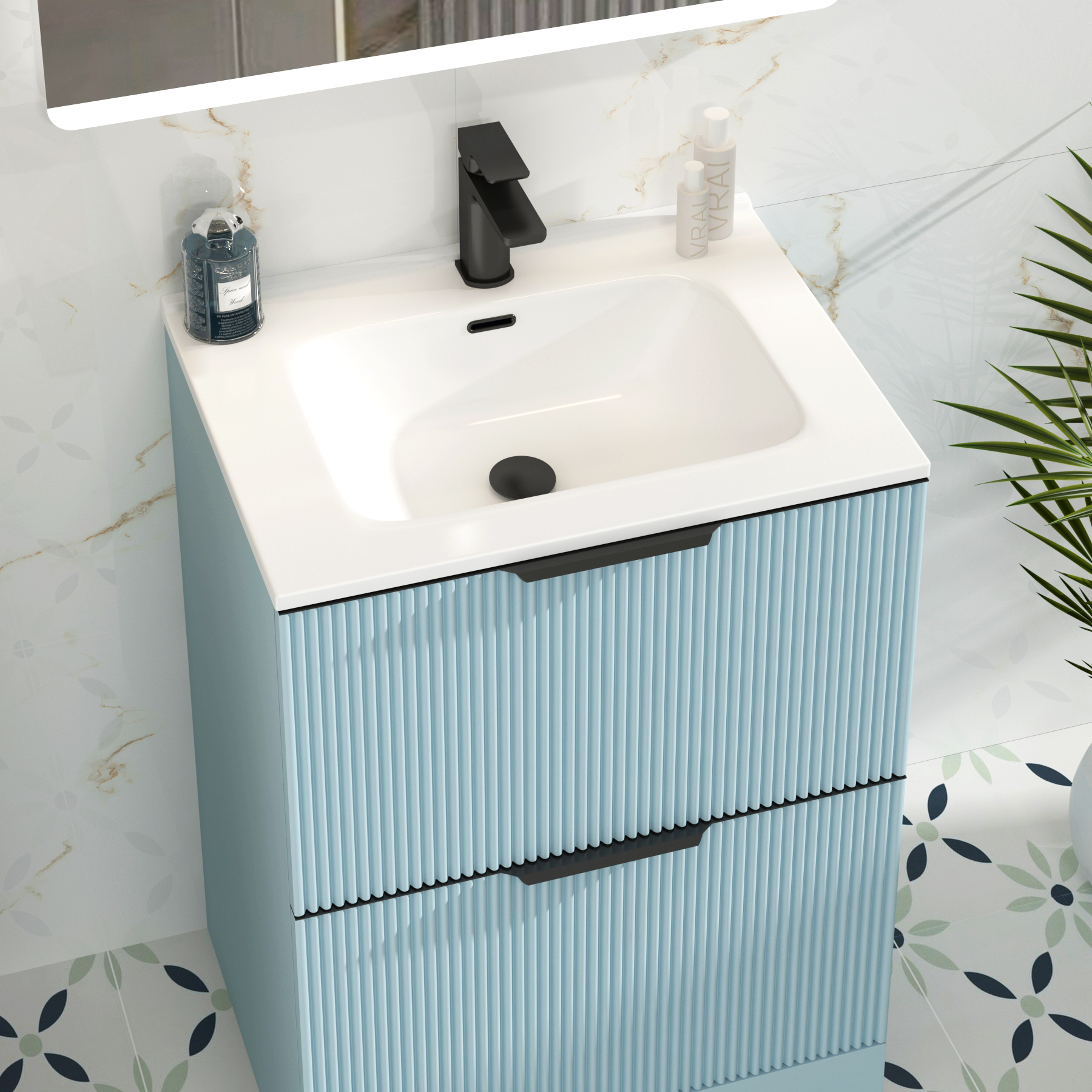 Evora 700mm Powder Blue Fluted Floor Standing Vanity Unit 2 Drawer with Ceramic Basin & Matt Black Handles
