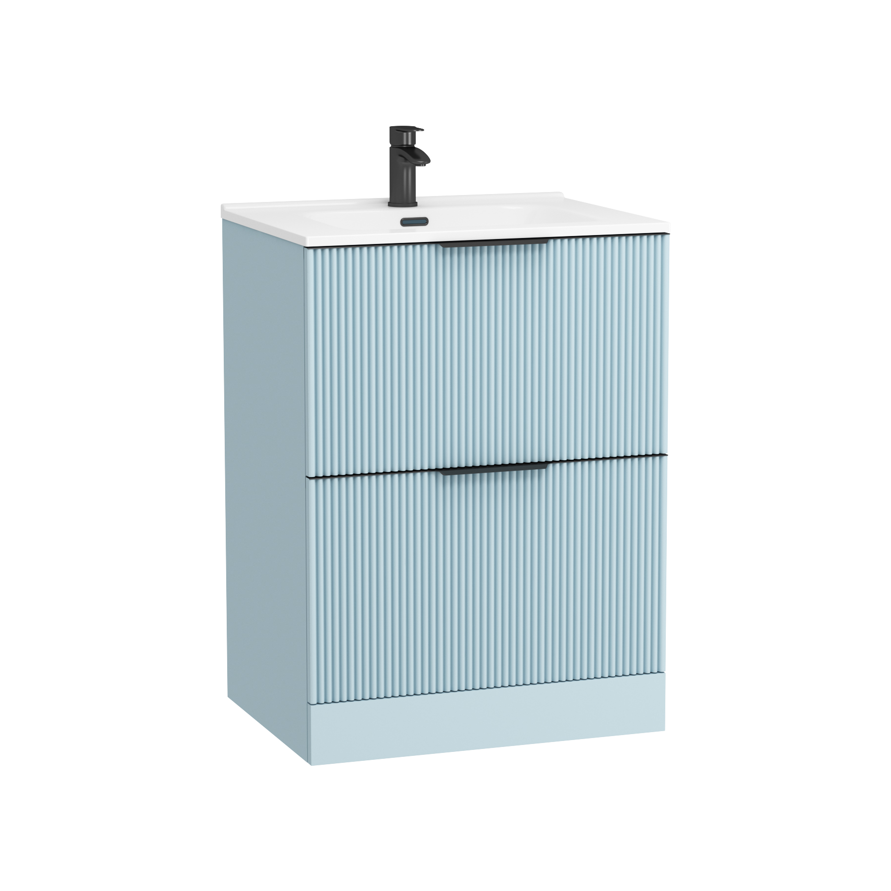 Evora 700mm Powder Blue Fluted Floor Standing Vanity Unit 2 Drawer with Ceramic Basin & Matt Black Handles