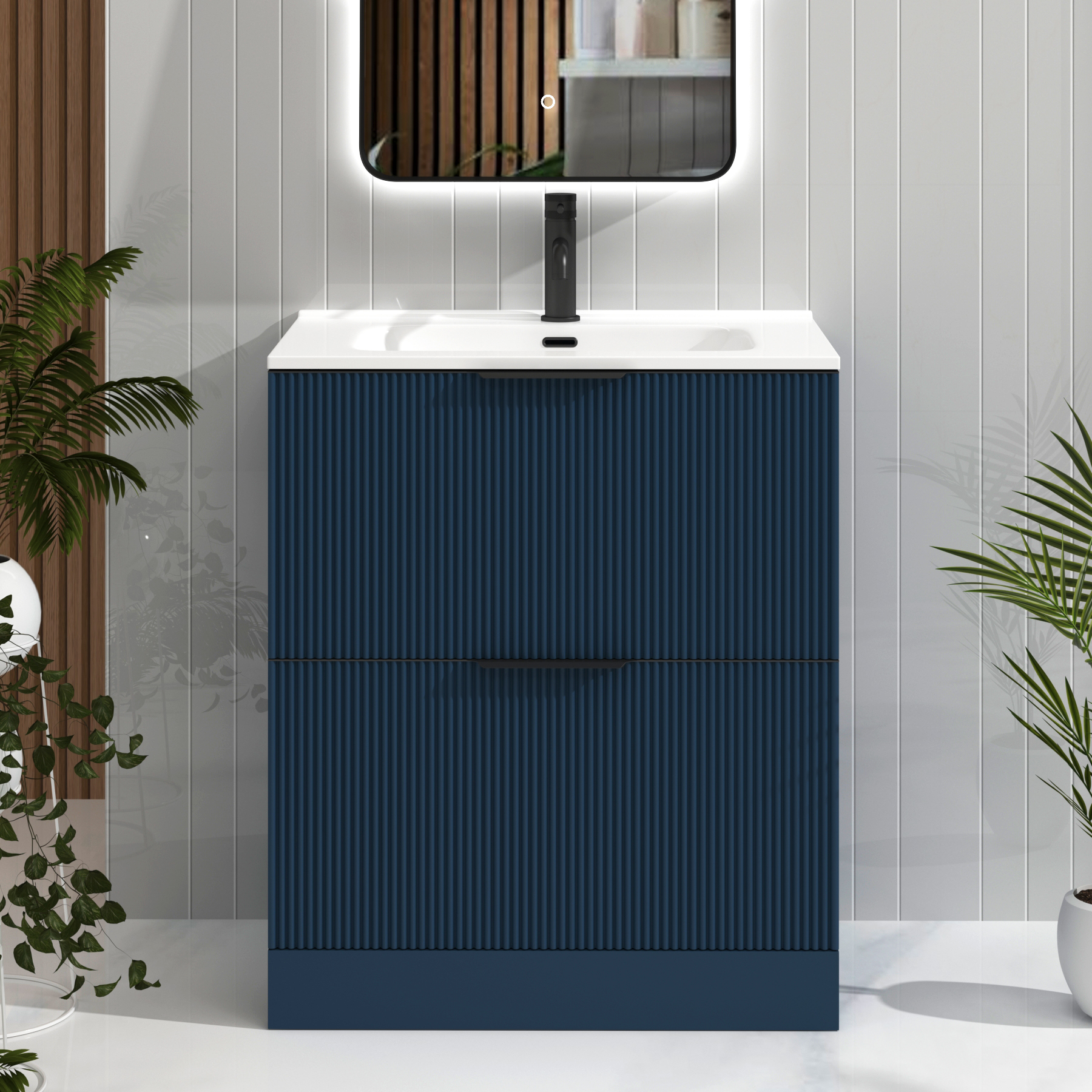 Evora Midnight Blue Fluted Floor Standing Vanity Unit 2 Drawer with Optional Basin & Various Handles
