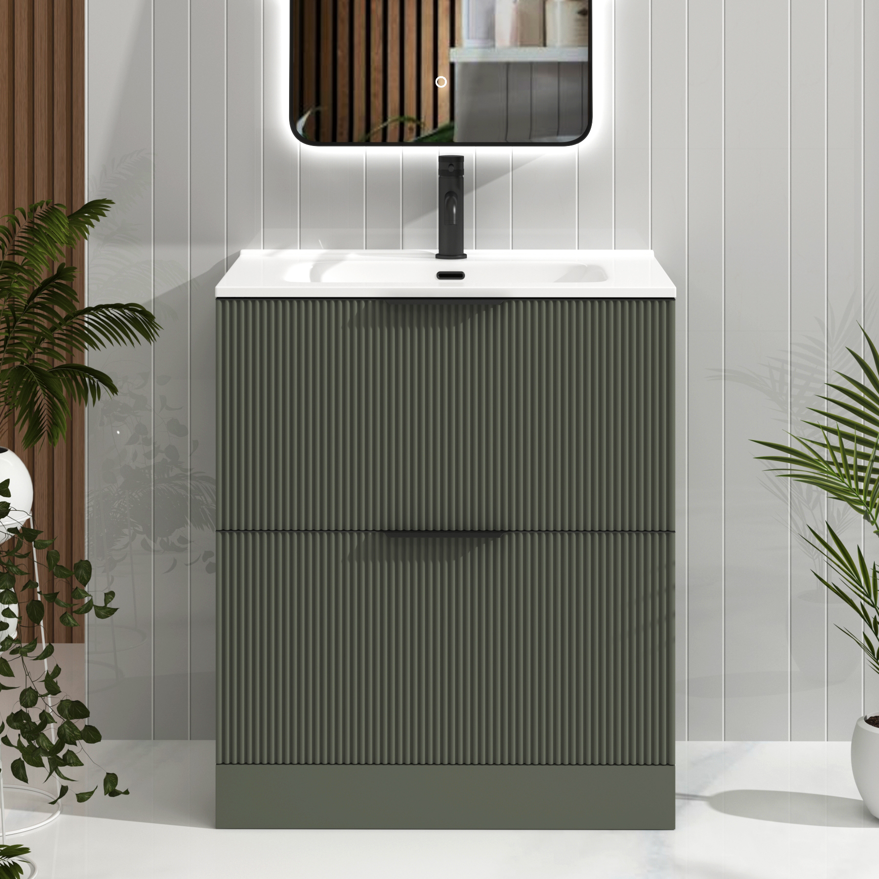 Evora Sage Green Fluted Floor Standing Vanity Unit 2 Drawer with Optional Basin & Various Handles