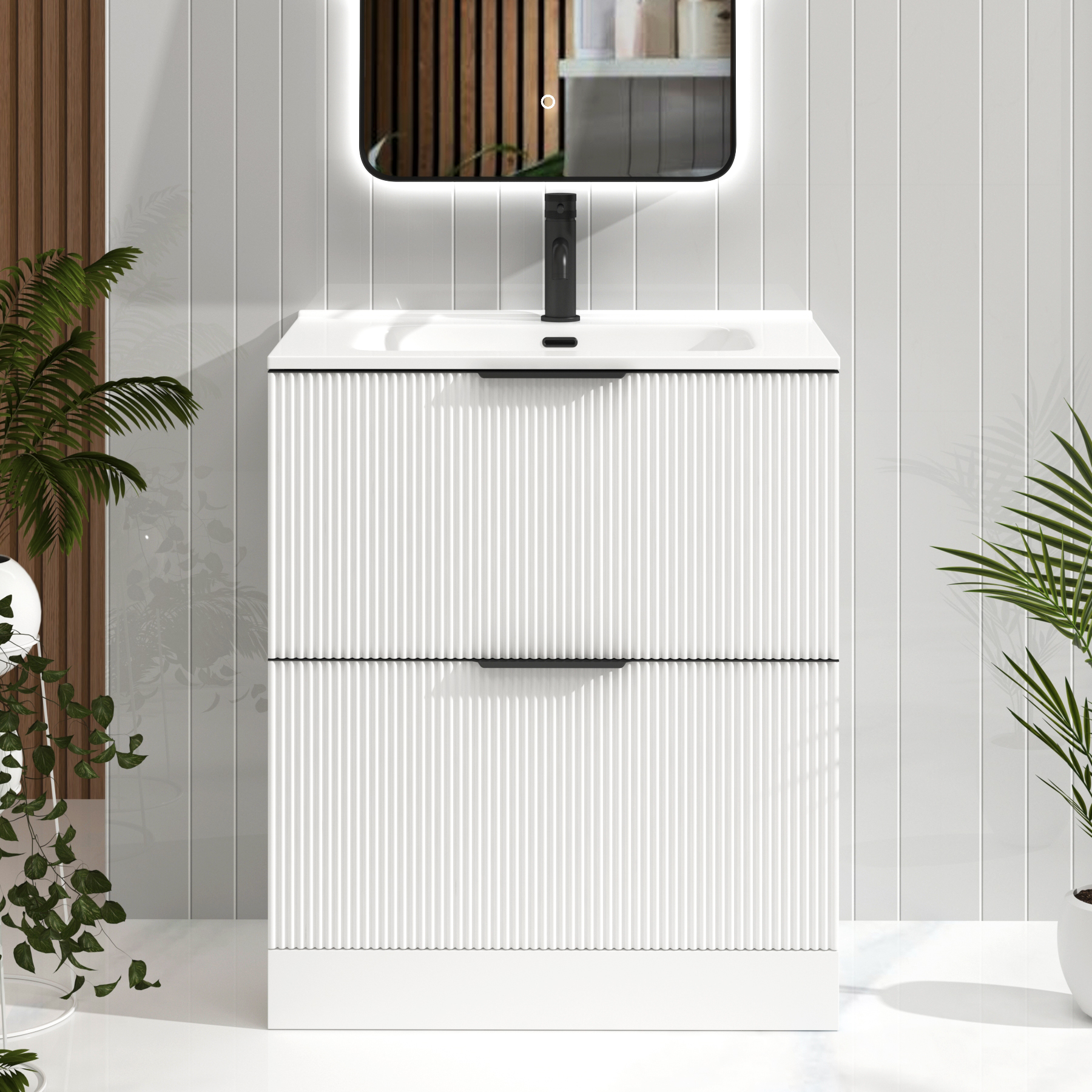 Evora Matt White Fluted Floor Standing Vanity Unit 2 Drawer with Optional Basin & Various Handles