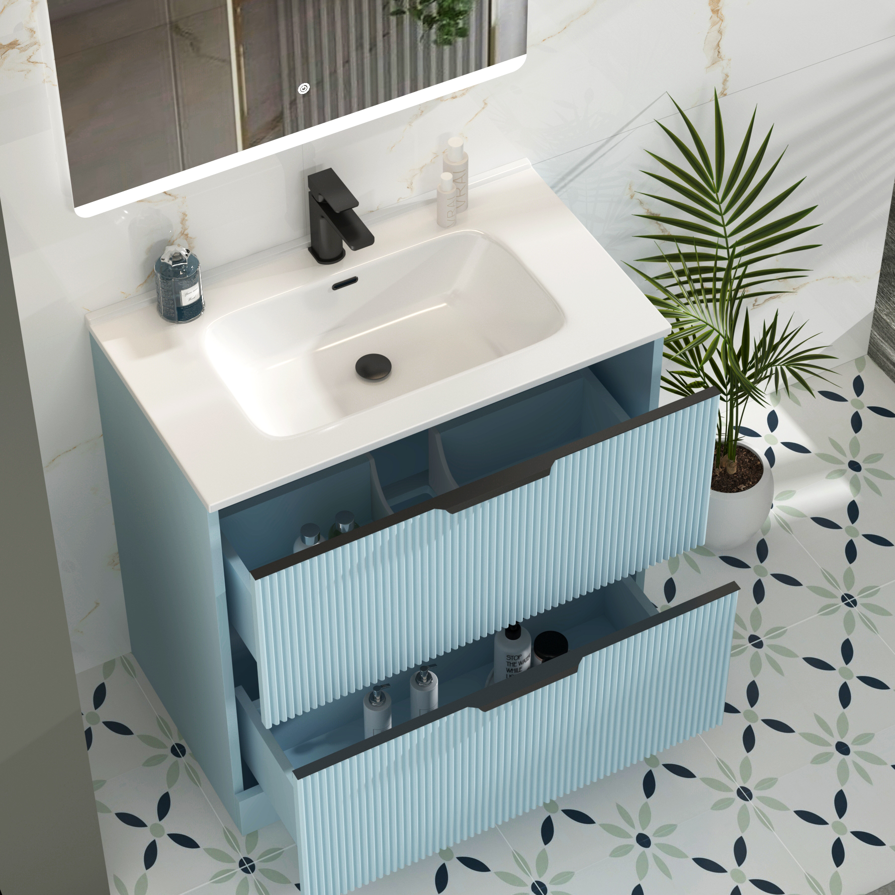 Evora 800mm Powder Blue Fluted Floor Standing Vanity Unit 2 Drawer with Ceramic Basin & Matt Black Handles