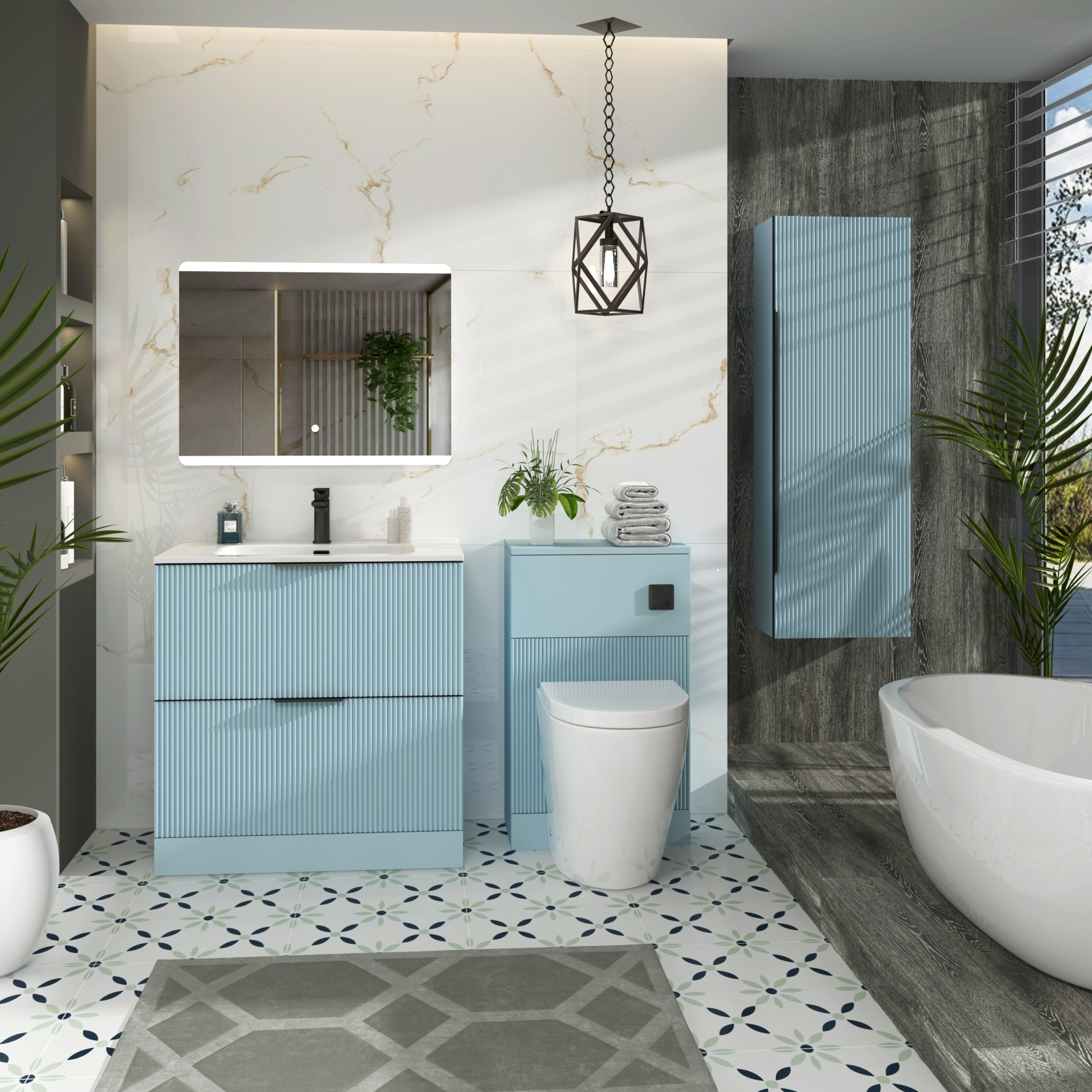 Evora 800mm Powder Blue Fluted Floor Standing Vanity Unit 2 Drawer with Ceramic Basin & Matt Black Handles