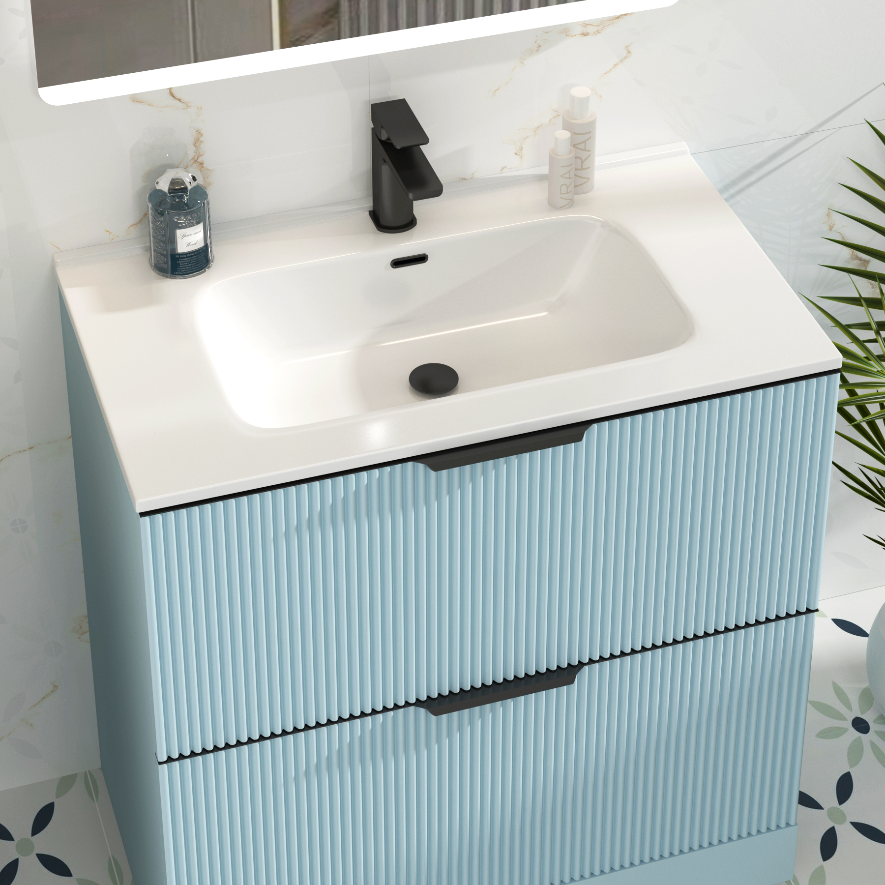 Evora 800mm Powder Blue Fluted Floor Standing Vanity Unit 2 Drawer with Ceramic Basin & Matt Black Handles
