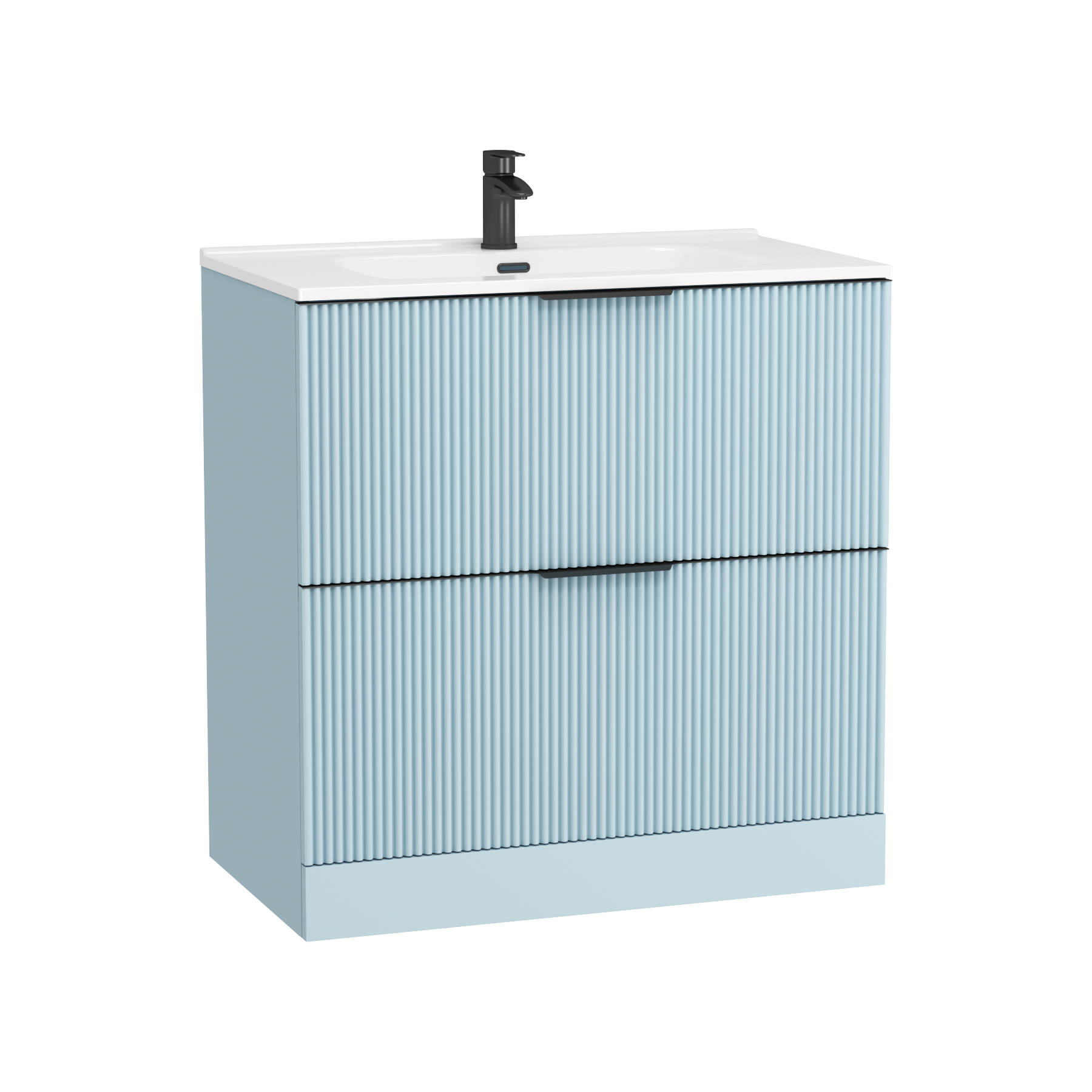 Evora 800mm Powder Blue Fluted Floor Standing Vanity Unit 2 Drawer with Ceramic Basin & Matt Black Handles