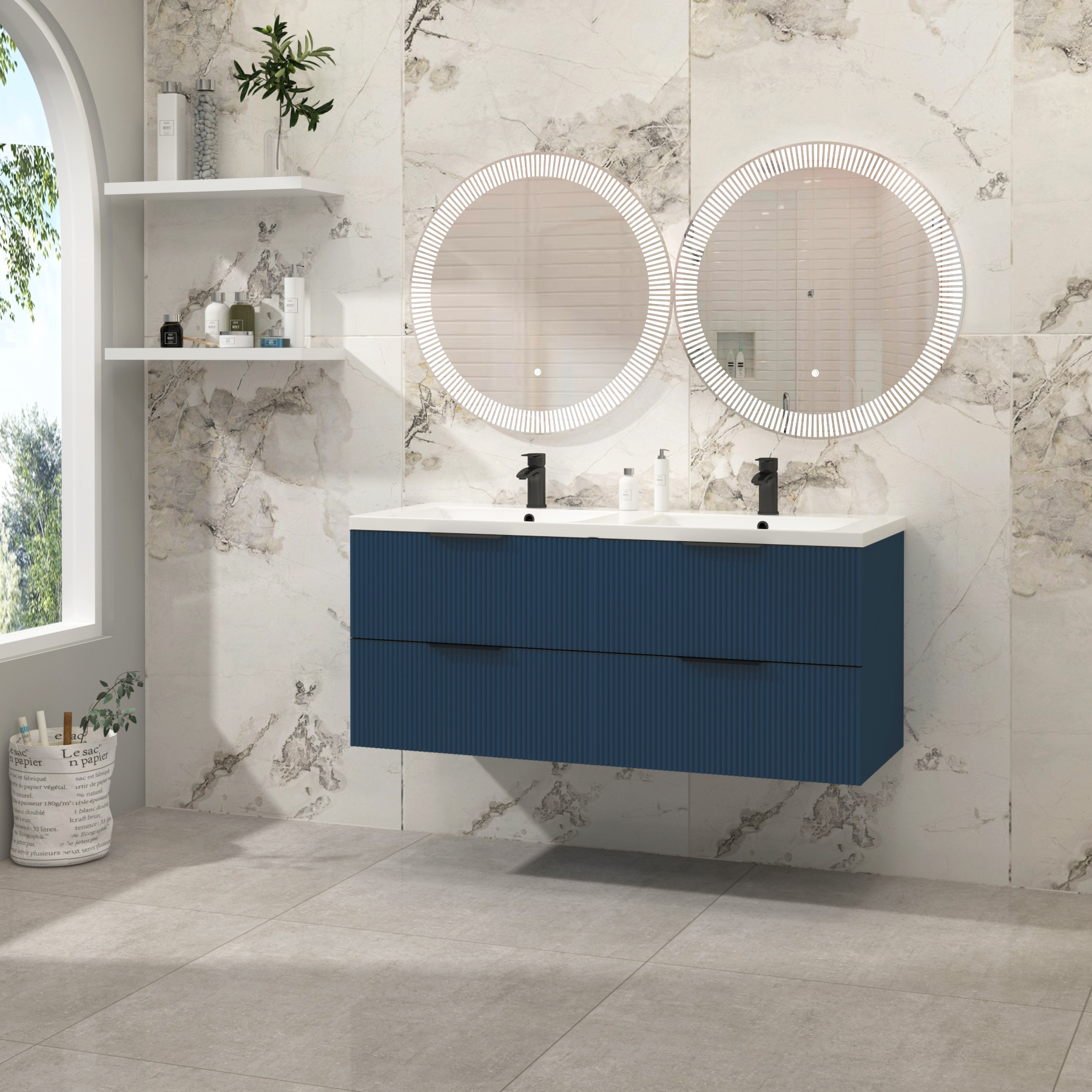 Evora 1200mm Midnight Blue Fluted Wall Hung Vanity Unit 4 Drawer with Ceramic Basin & Various Handles