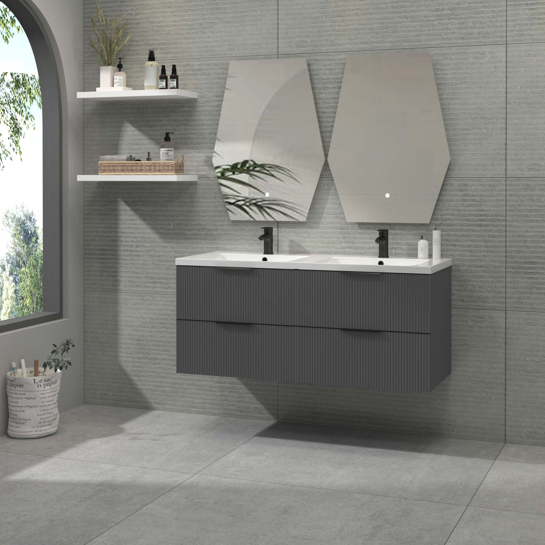 Evora 1200mm Graphite Grey Fluted Wall Hung Vanity Unit 4 Drawer with Ceramic Basin & Various Handles
