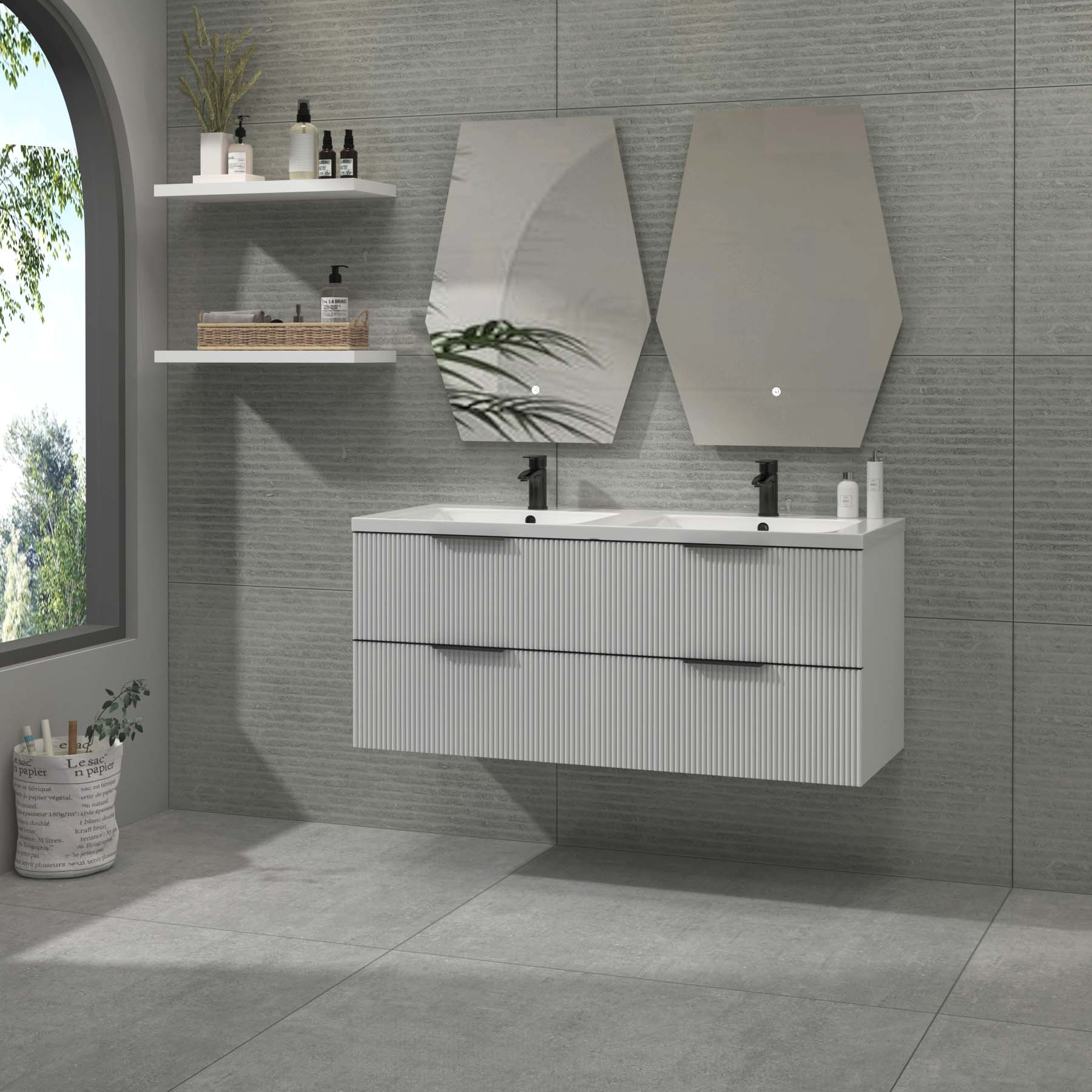 Evora 1200mm Matt White Fluted Wall Hung Vanity Unit 4 Drawer with Ceramic Basin & Matt Black Handles