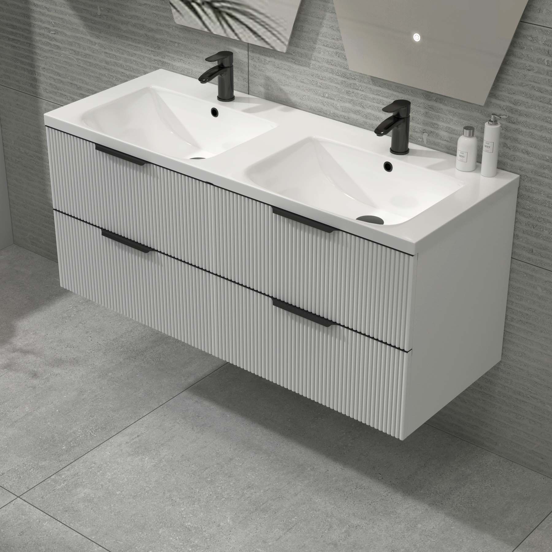Evora 1200mm Matt White Fluted Wall Hung Vanity Unit 4 Drawer with Ceramic Basin & Matt Black Handles