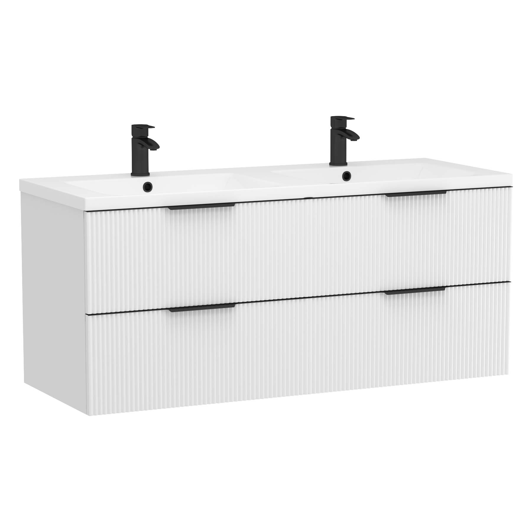 Evora 1200mm Matt White Fluted Wall Hung Vanity Unit 4 Drawer with Ceramic Basin & Matt Black Handles