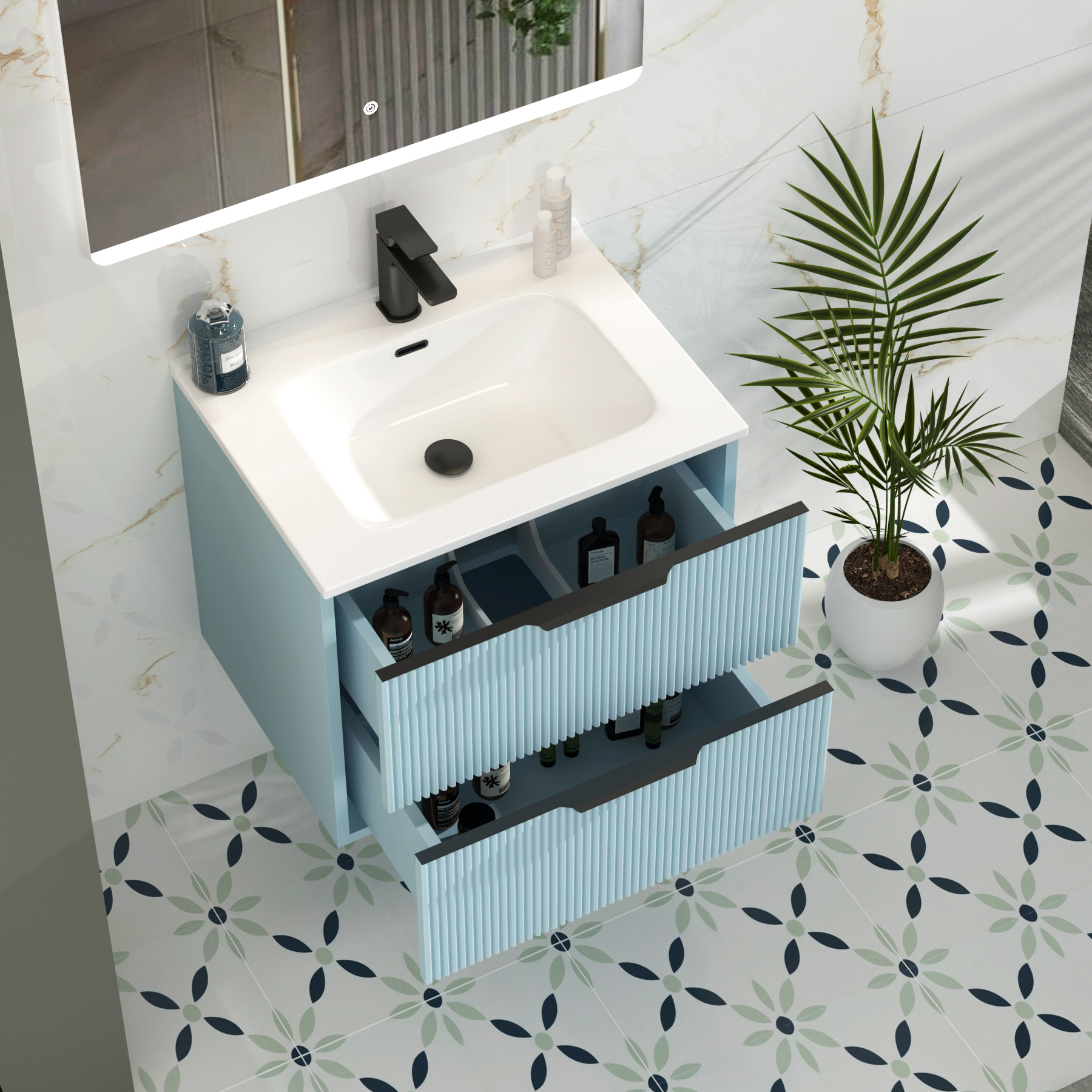 Evora 700mm Powder Blue Fluted Wall Hung Vanity Unit 2 Drawer with Ceramic Basin & Matt Black Handles