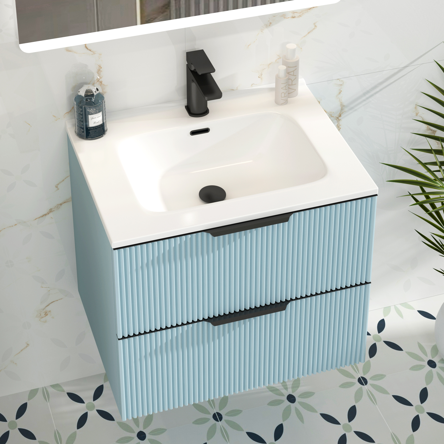 Evora 700mm Powder Blue Fluted Wall Hung Vanity Unit 2 Drawer with Ceramic Basin & Matt Black Handles