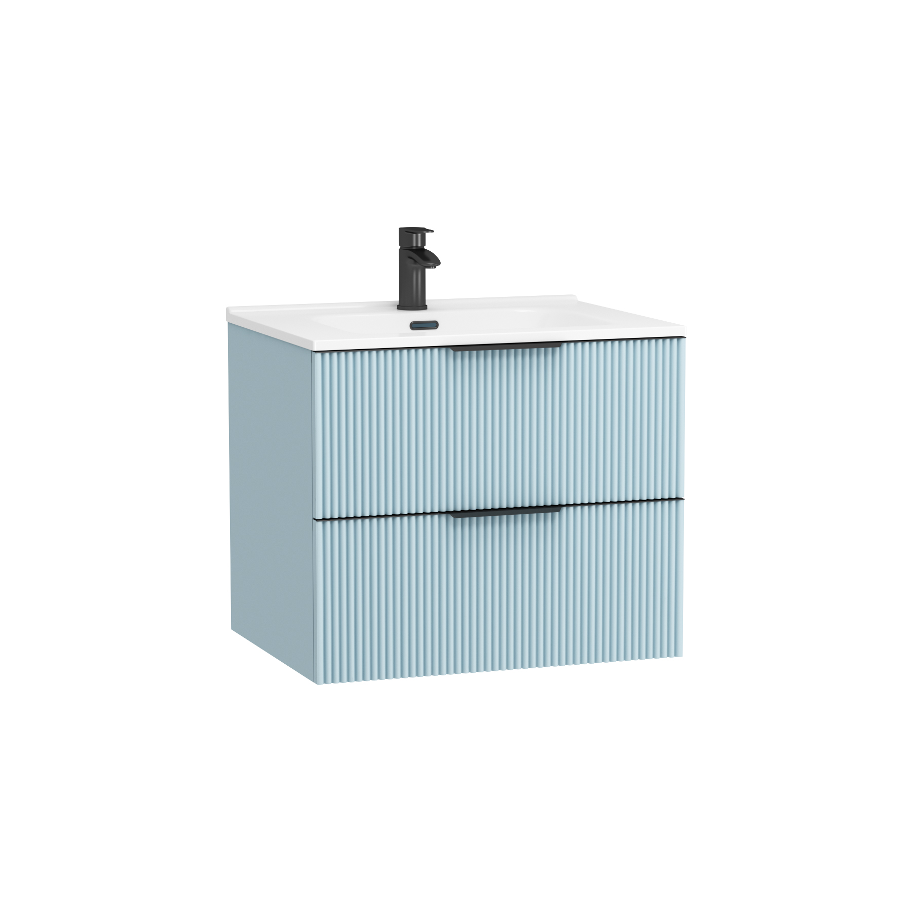 Evora 700mm Powder Blue Fluted Wall Hung Vanity Unit 2 Drawer with Ceramic Basin & Matt Black Handles