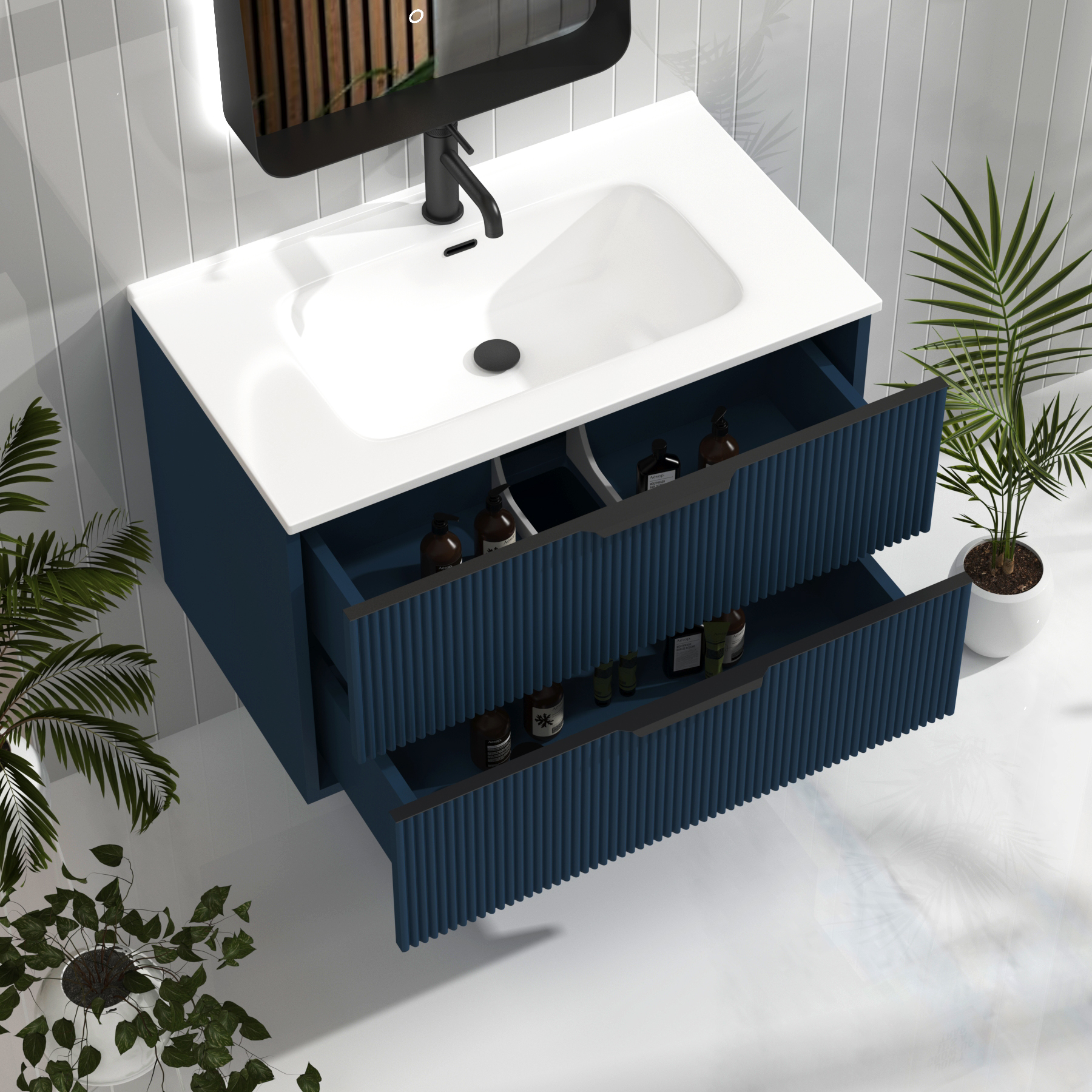 Evora 800mm Midnight Blue Fluted Wall Hung Vanity Unit 2 Drawer with Ceramic Basin & Matt Black Handles