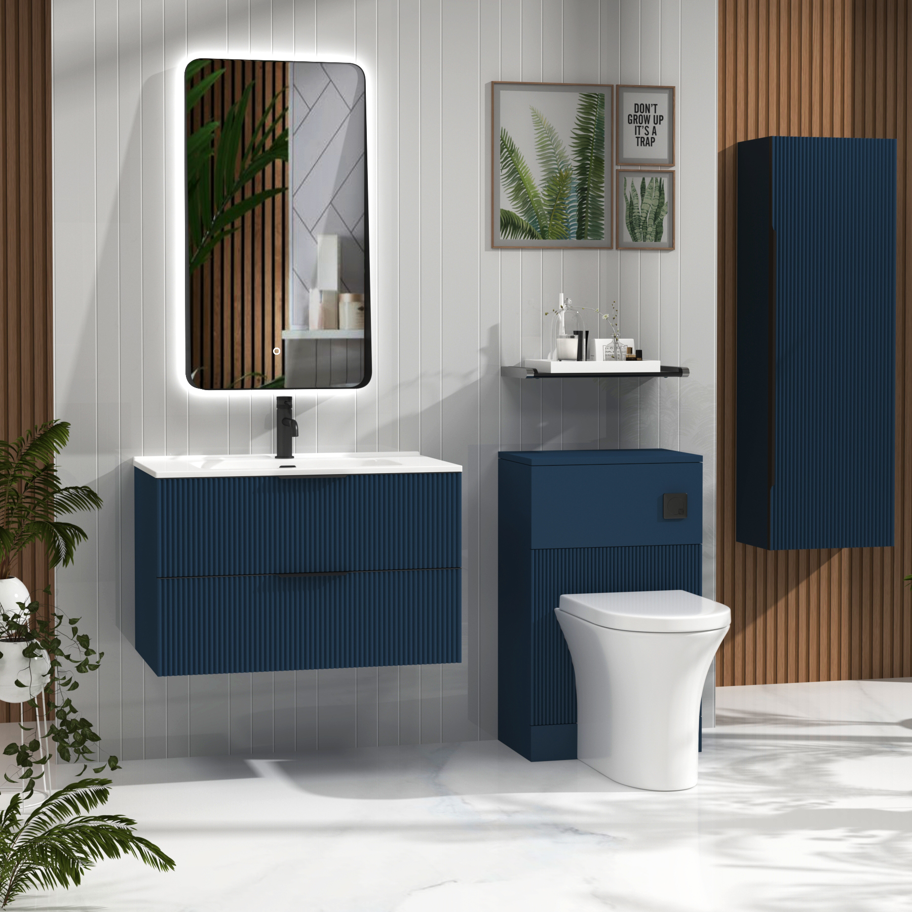 Evora 800mm Midnight Blue Fluted Wall Hung Vanity Unit 2 Drawer with Ceramic Basin & Matt Black Handles