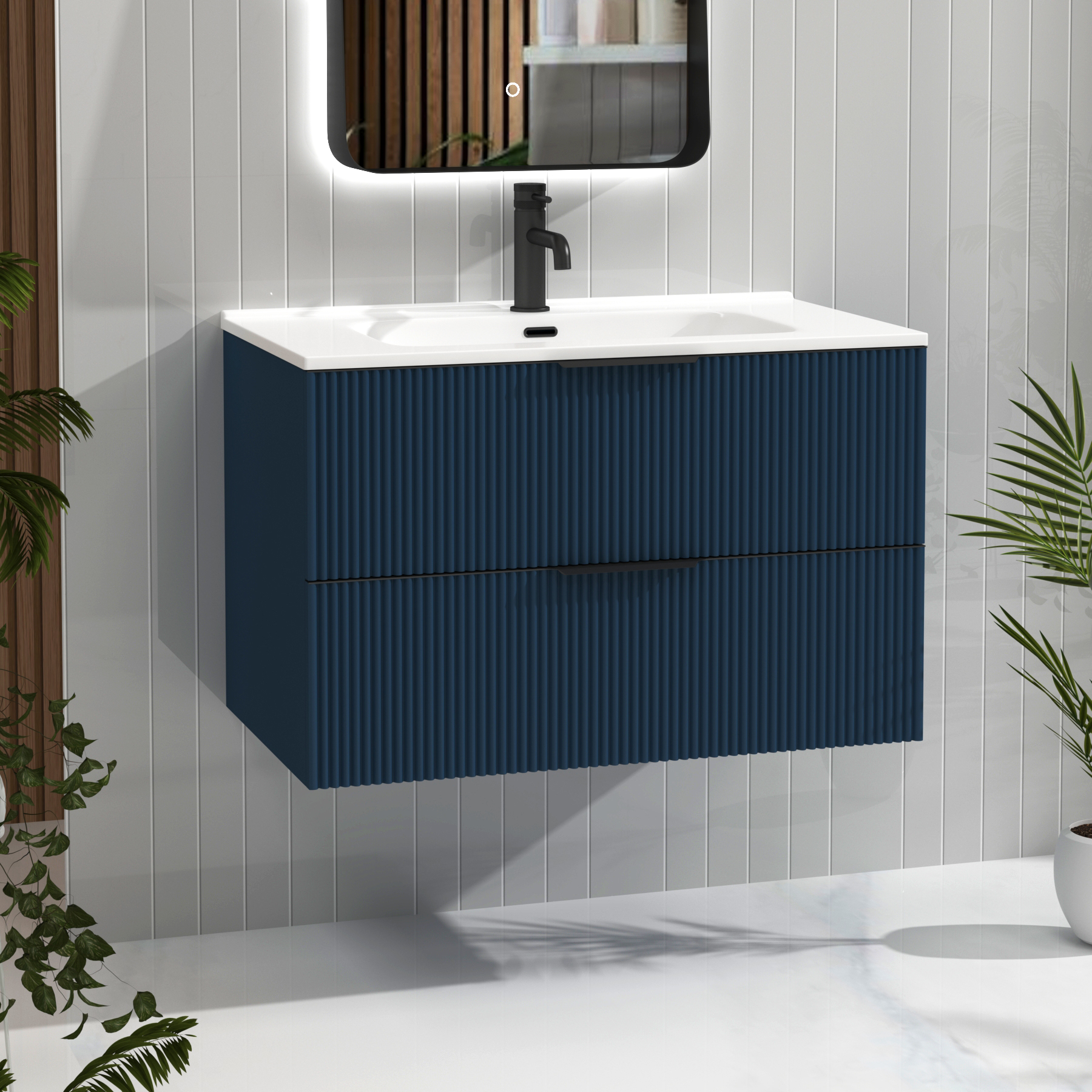 Evora 800mm Midnight Blue Fluted Wall Hung Vanity Unit 2 Drawer with Ceramic Basin & Matt Black Handles
