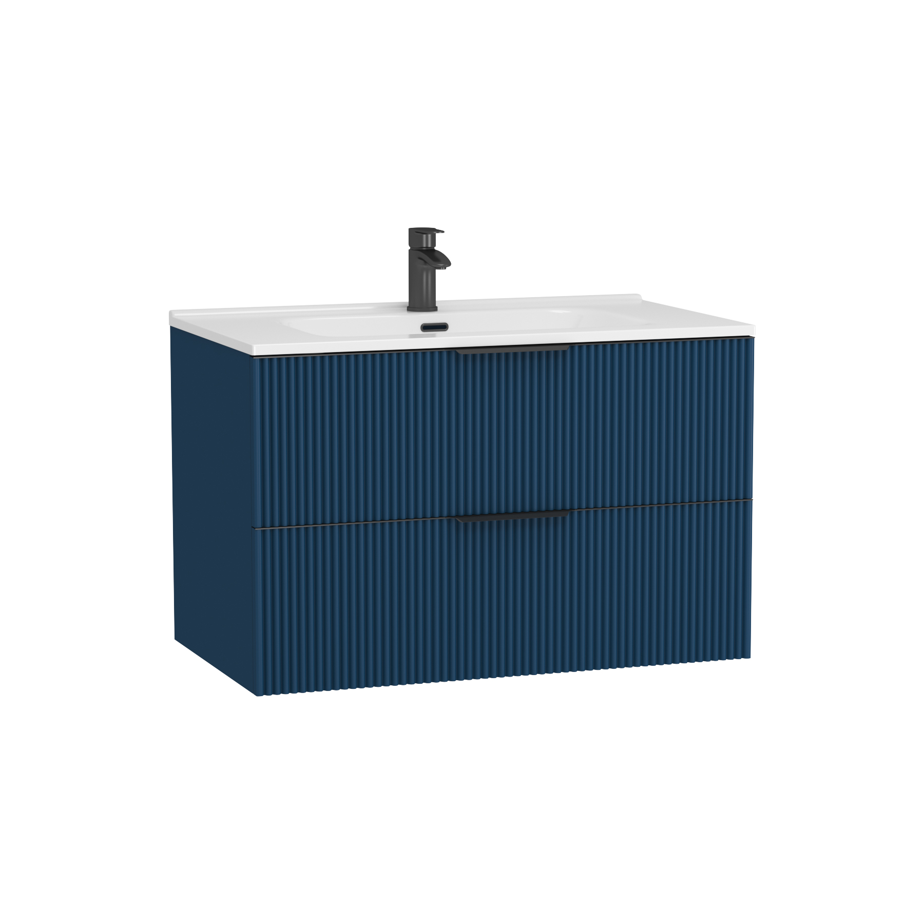Evora 800mm Midnight Blue Fluted Wall Hung Vanity Unit 2 Drawer with Ceramic Basin & Matt Black Handles