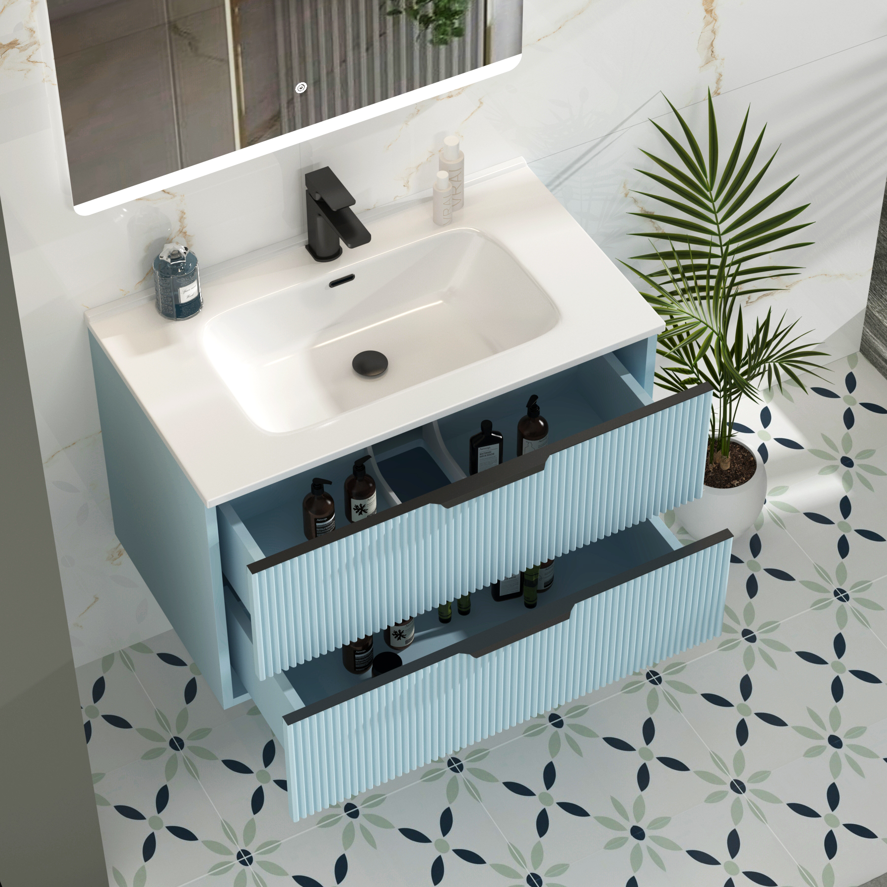 Evora 800mm Powder Blue Fluted Wall Hung Vanity Unit 2 Drawer with Ceramic Basin & Matt Black Handles