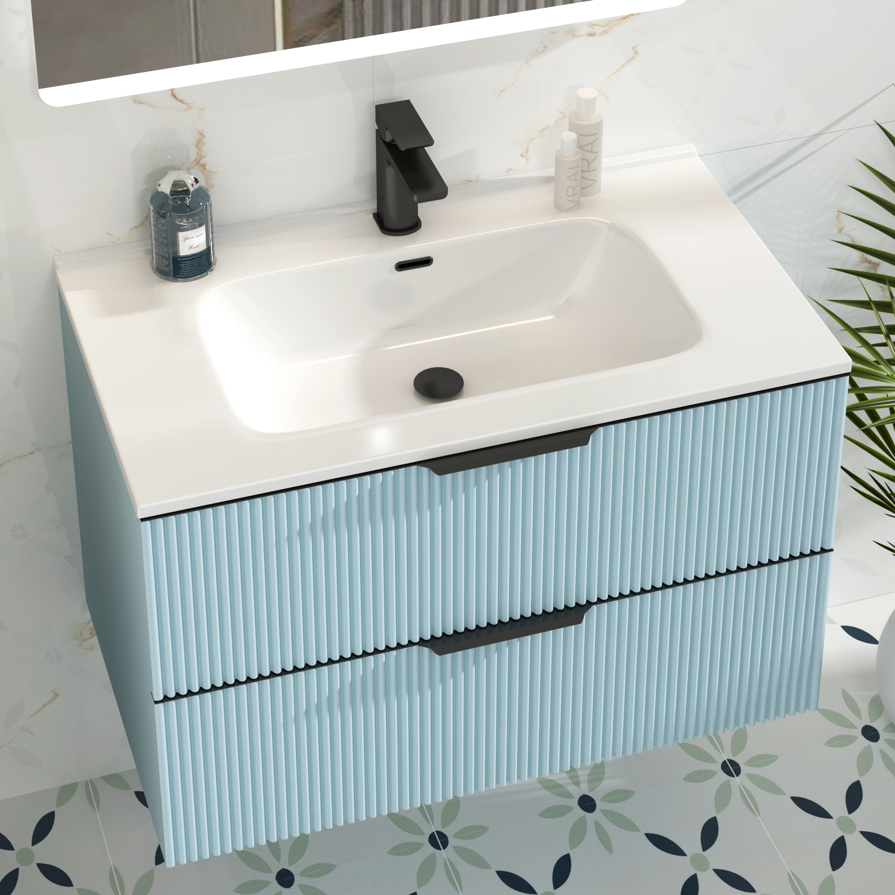 Evora 800mm Powder Blue Fluted Wall Hung Vanity Unit 2 Drawer with Ceramic Basin & Matt Black Handles