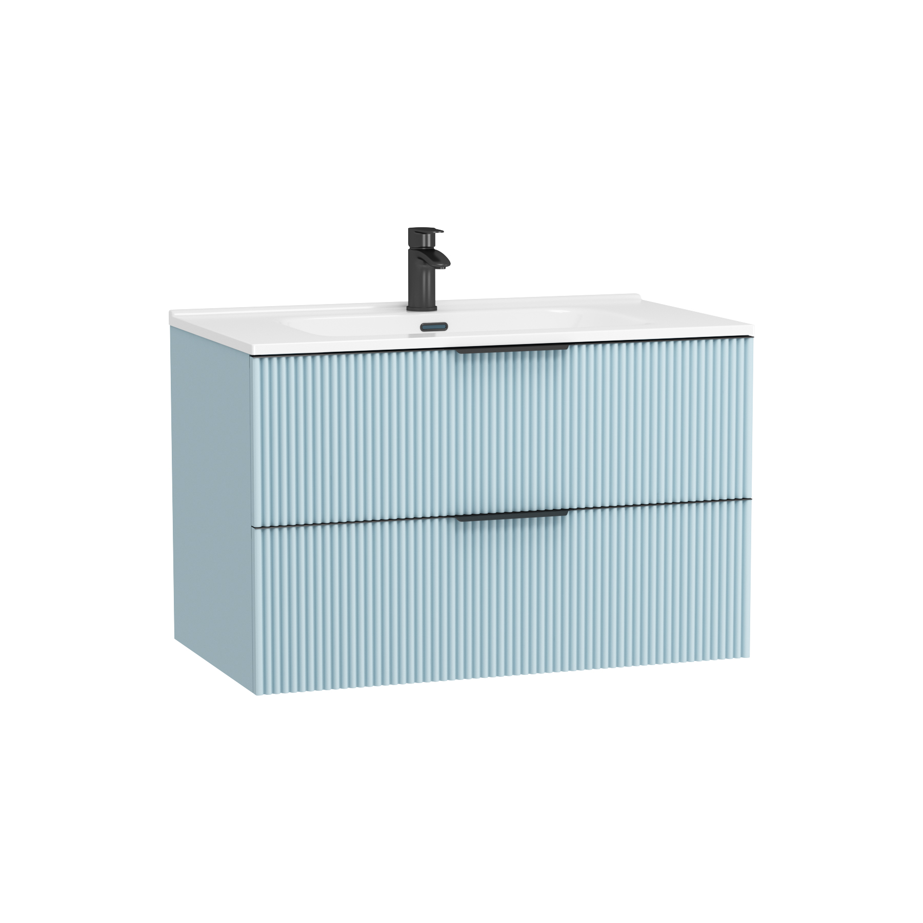 Evora 800mm Powder Blue Fluted Wall Hung Vanity Unit 2 Drawer with Ceramic Basin & Matt Black Handles