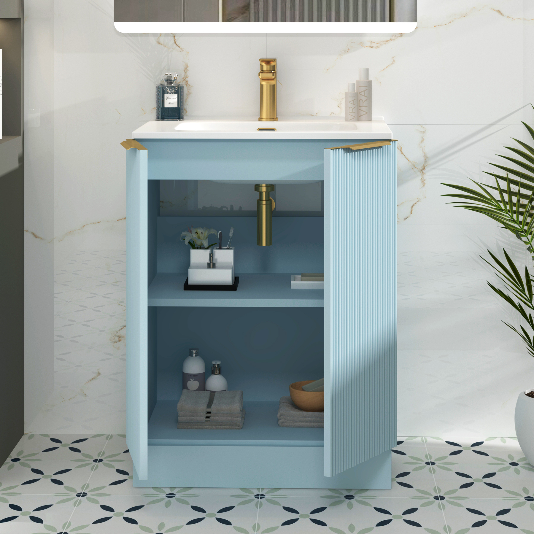 Evora 700mm Powder Blue Fluted Floor Standing Vanity Unit 2 Door with Ceramic Basin & Brushed Brass Handles