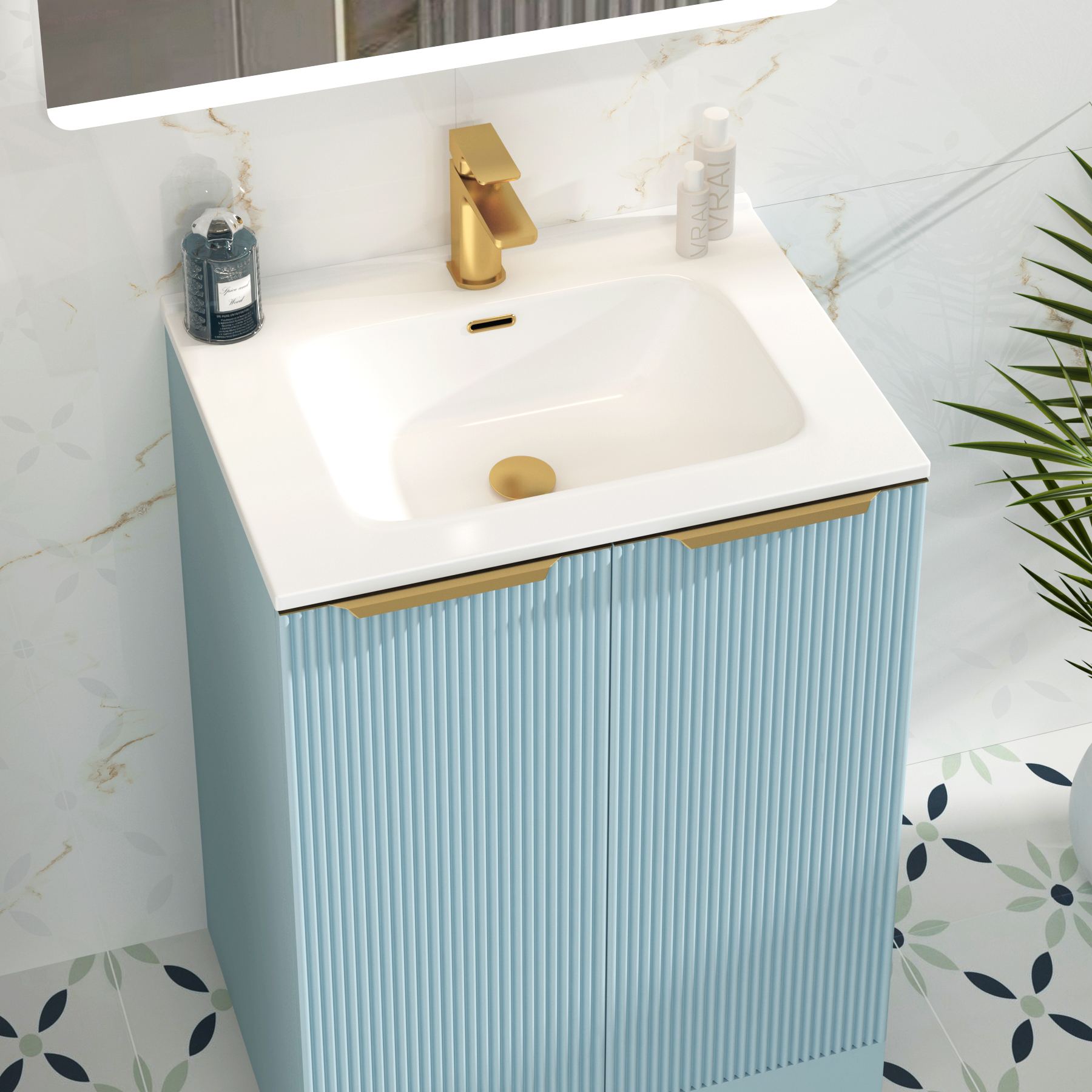 Evora 700mm Powder Blue Fluted Floor Standing Vanity Unit 2 Door with Ceramic Basin & Brushed Brass Handles