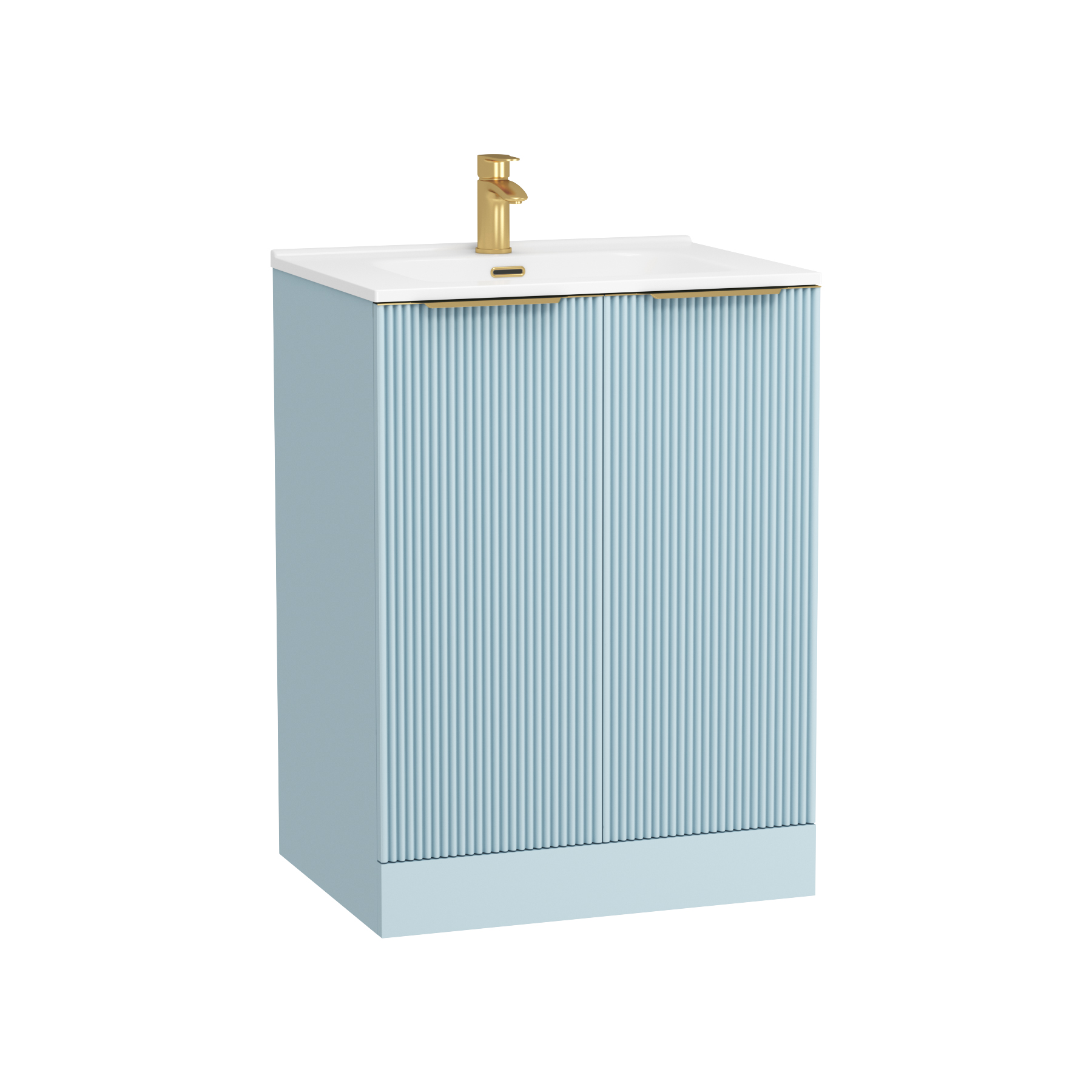 Evora 700mm Powder Blue Fluted Floor Standing Vanity Unit 2 Door with Ceramic Basin & Brushed Brass Handles