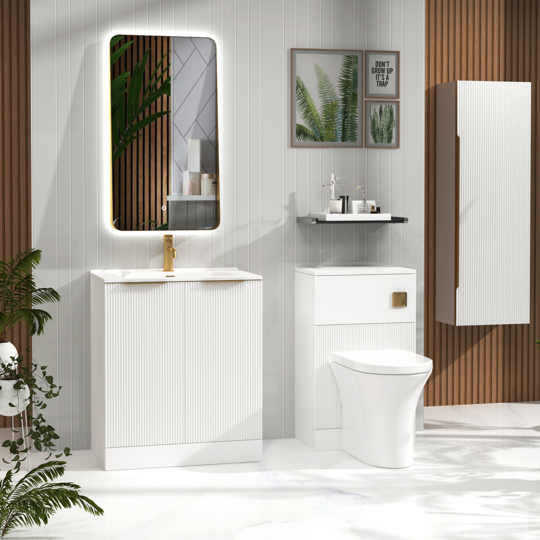 Evora Matt White Fluted Floor Standing Vanity Unit 2 Door with Optional Basin & Various Handles