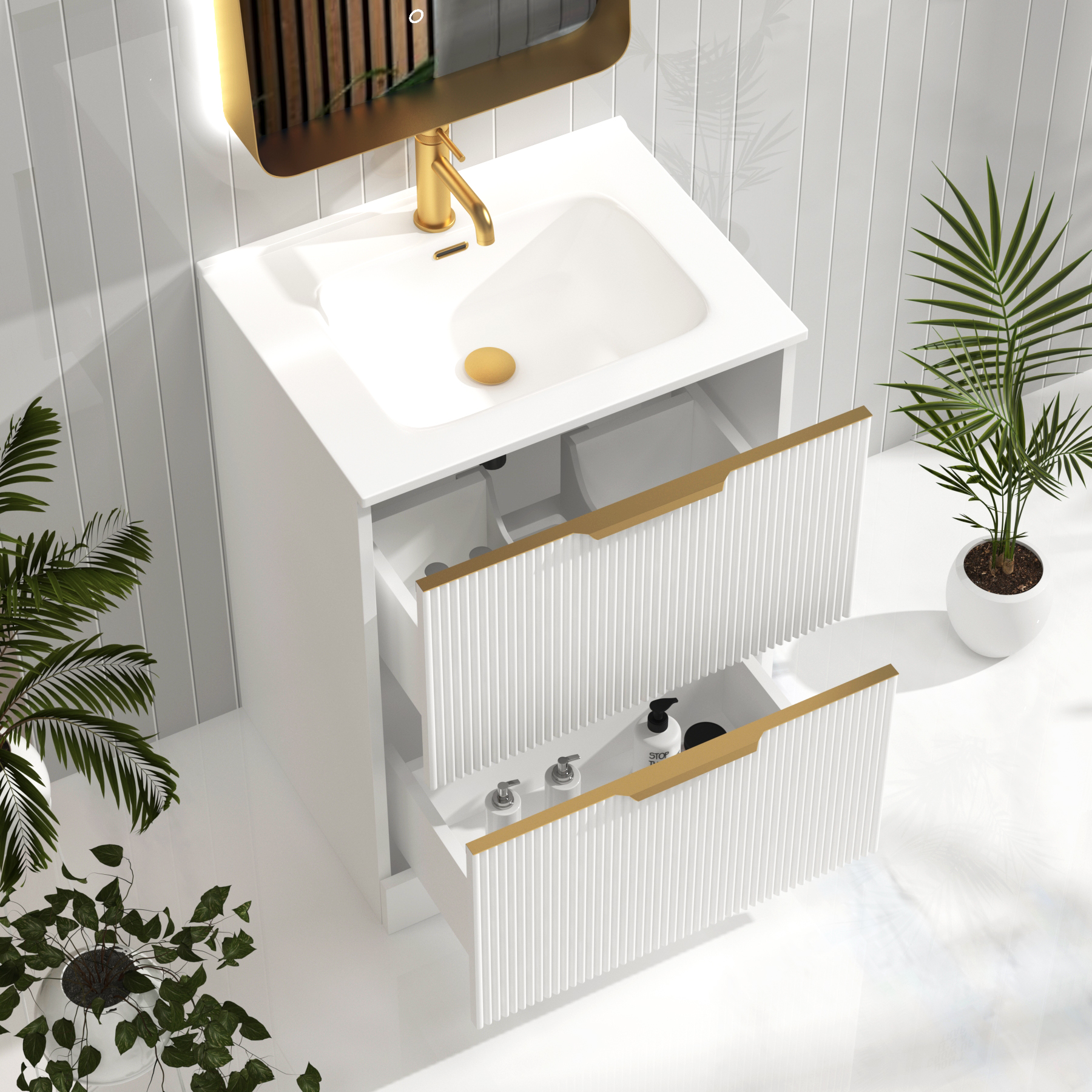 Evora 700mm Matt White Fluted Floor Standing Vanity Unit 2 Drawer with Ceramic Basin & Brushed Brass Handles