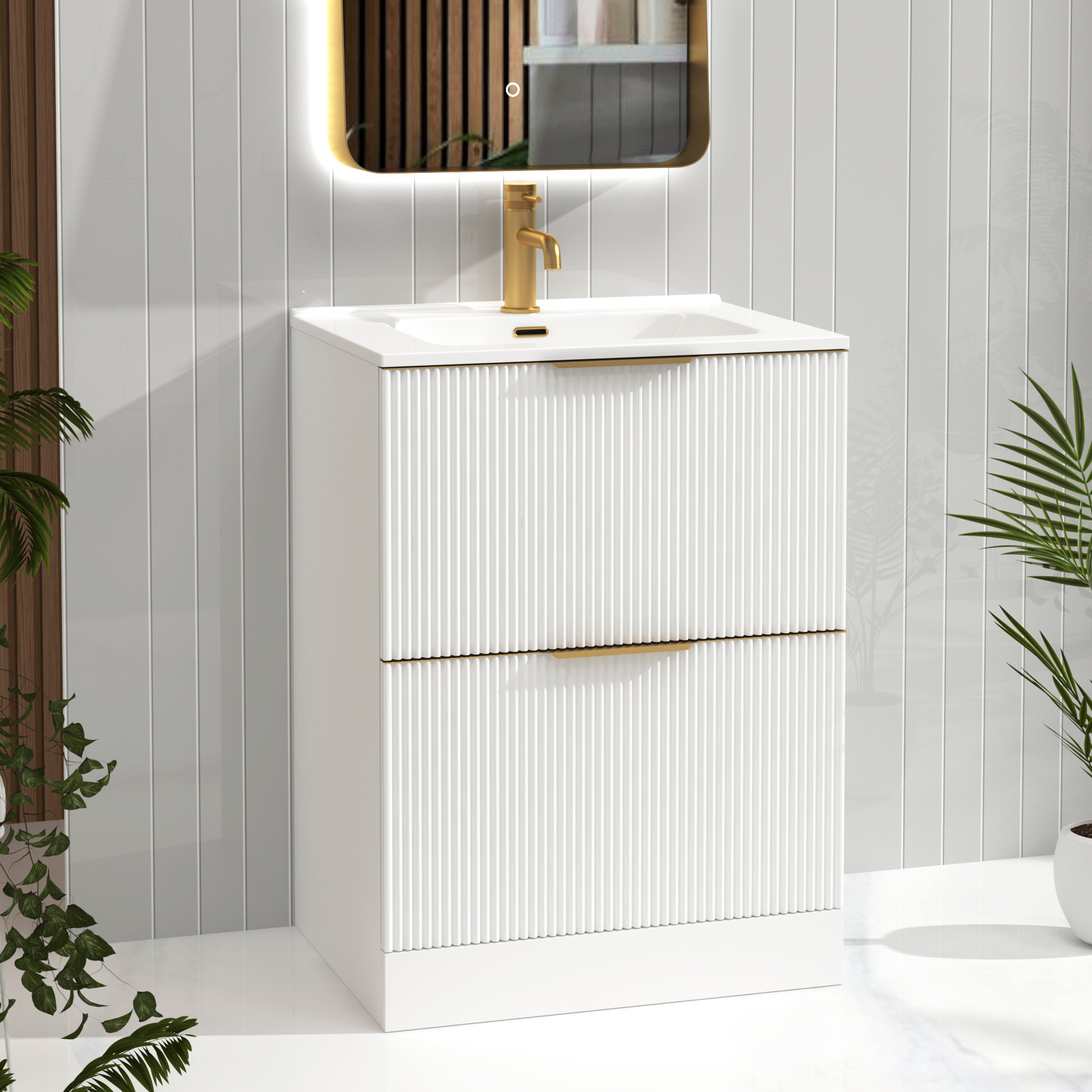 Evora 700mm Matt White Fluted Floor Standing Vanity Unit 2 Drawer with Ceramic Basin & Brushed Brass Handles