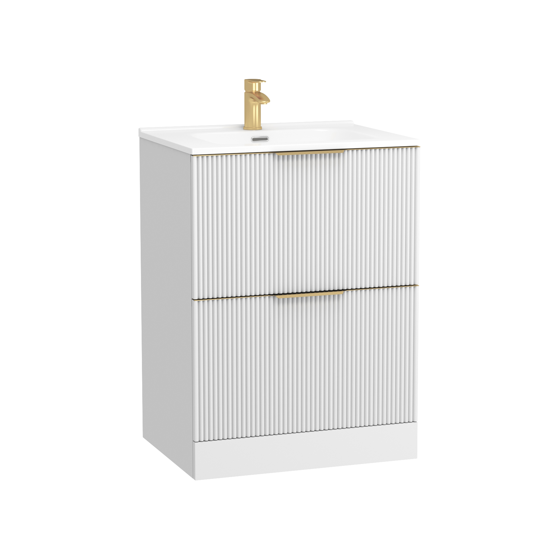 Evora 700mm Matt White Fluted Floor Standing Vanity Unit 2 Drawer with Ceramic Basin & Brushed Brass Handles