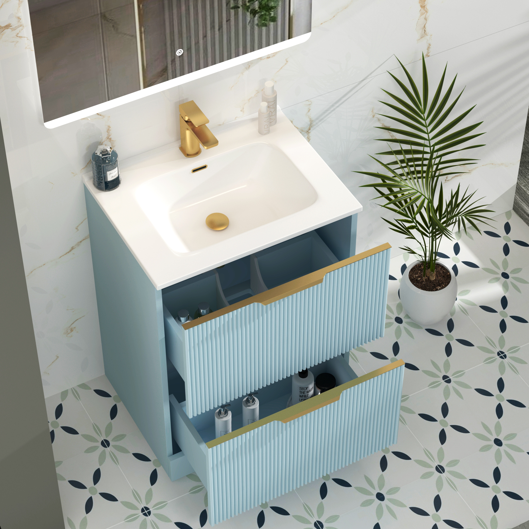 Evora 700mm Powder Blue Fluted Floor Standing Vanity Unit 2 Drawer with Ceramic Basin & Brushed Brass Handles