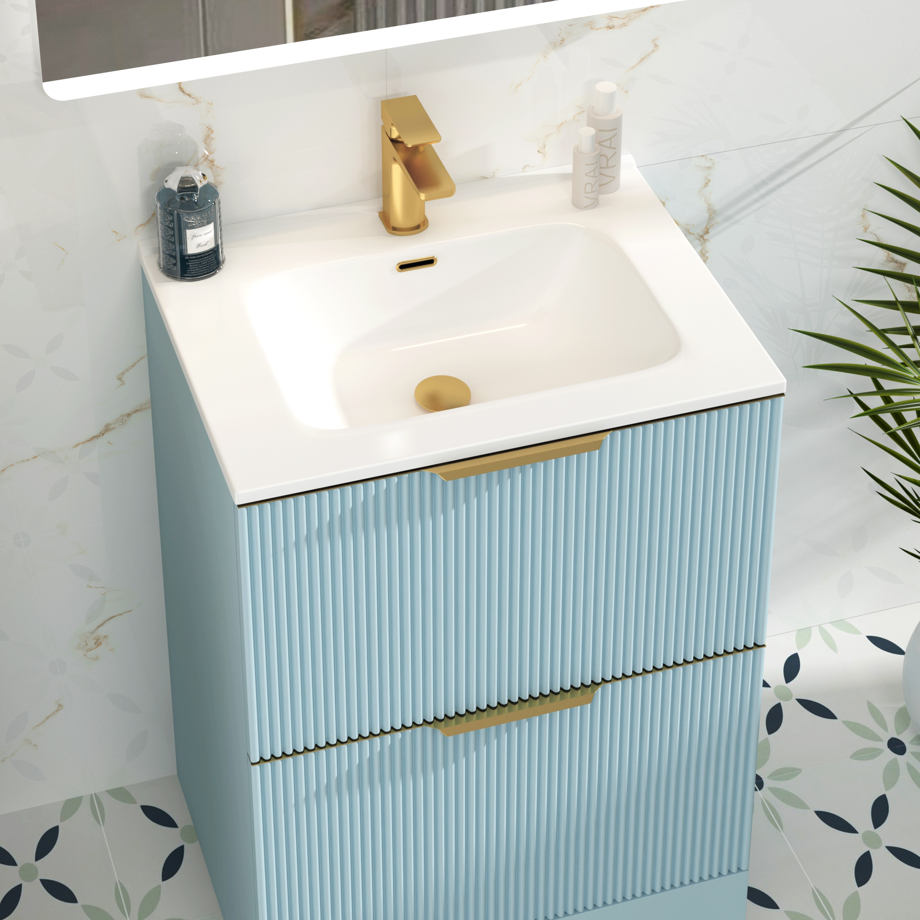 Evora 700mm Powder Blue Fluted Floor Standing Vanity Unit 2 Drawer with Ceramic Basin & Brushed Brass Handles