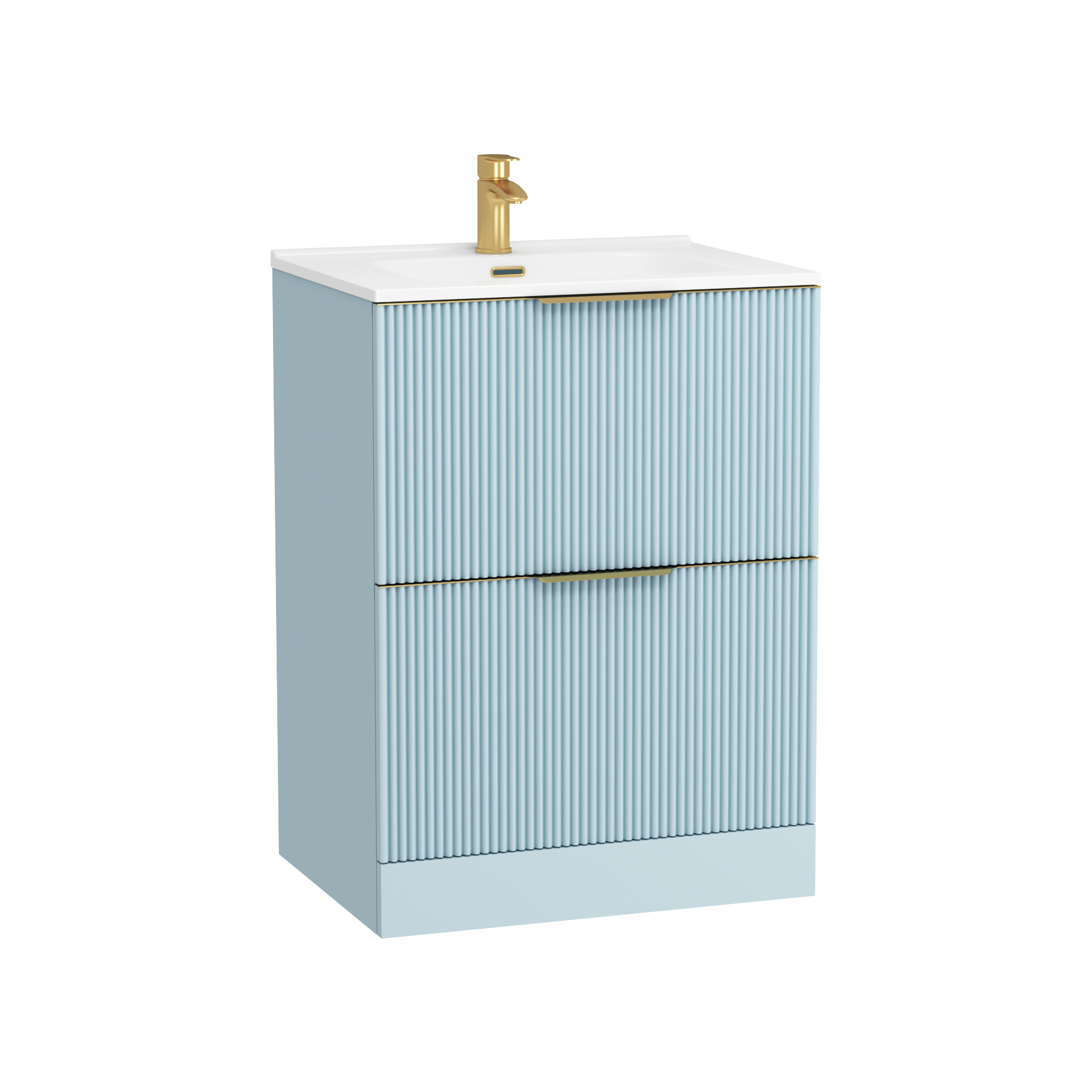 Evora 700mm Powder Blue Fluted Floor Standing Vanity Unit 2 Drawer with Ceramic Basin & Brushed Brass Handles