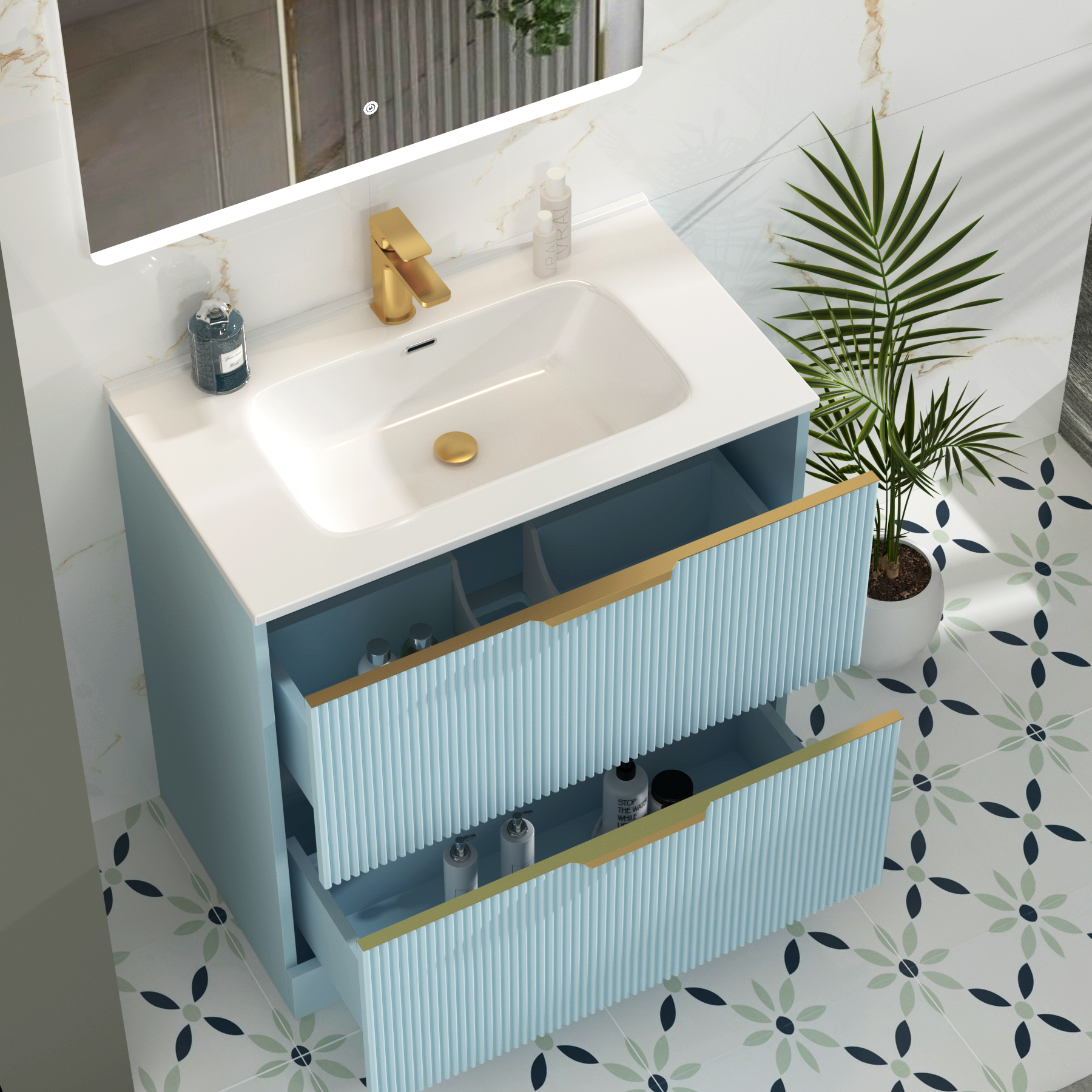 Evora 800mm Powder Blue Fluted Floor Standing Vanity Unit 2 Drawer with Ceramic Basin & Brushed Brass Handles