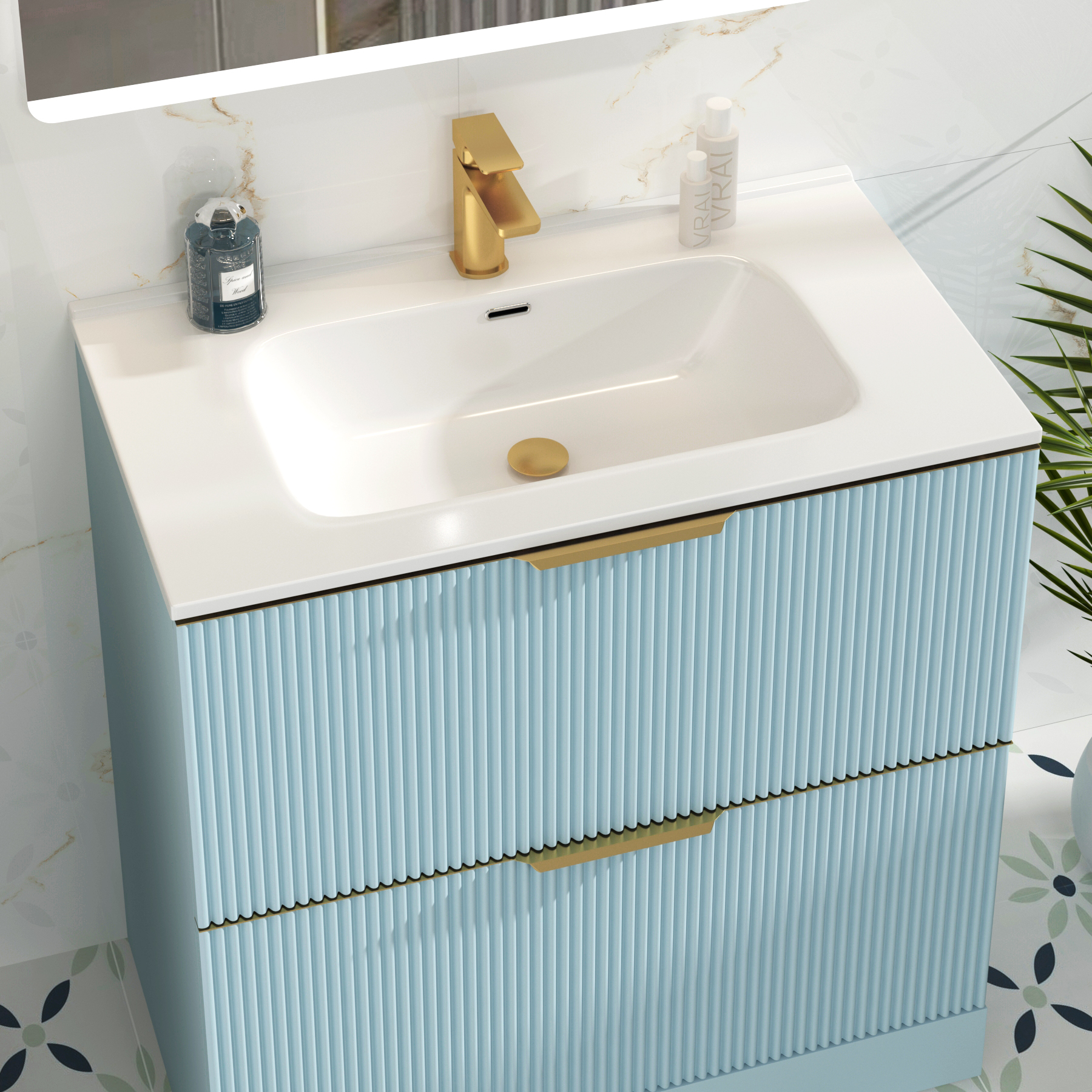 Evora 800mm Powder Blue Fluted Floor Standing Vanity Unit 2 Drawer with Ceramic Basin & Brushed Brass Handles